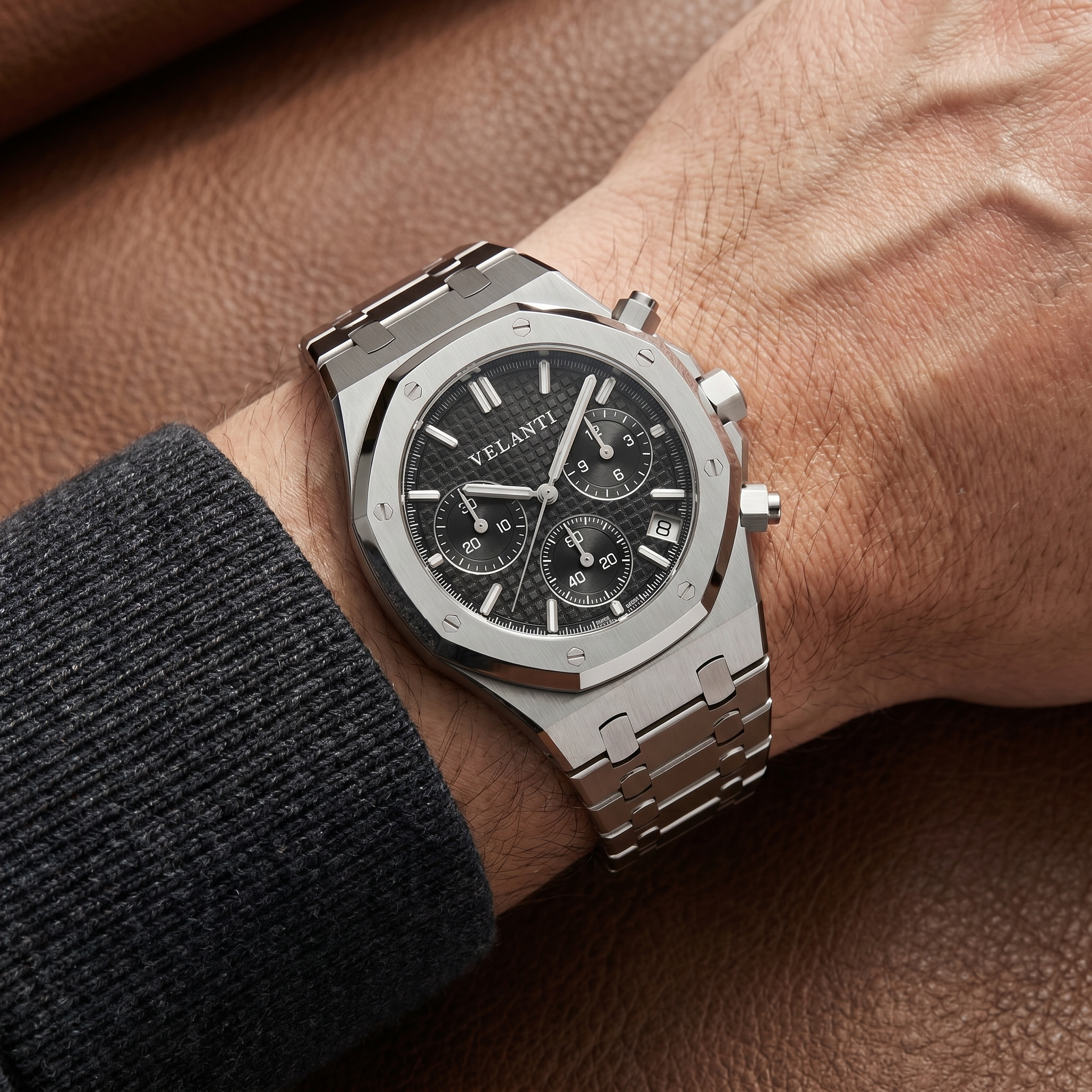 Royal Oak-style chronograph watch, Velanti Milano Royal Veloak Chrono Black worn on wrist photo 9