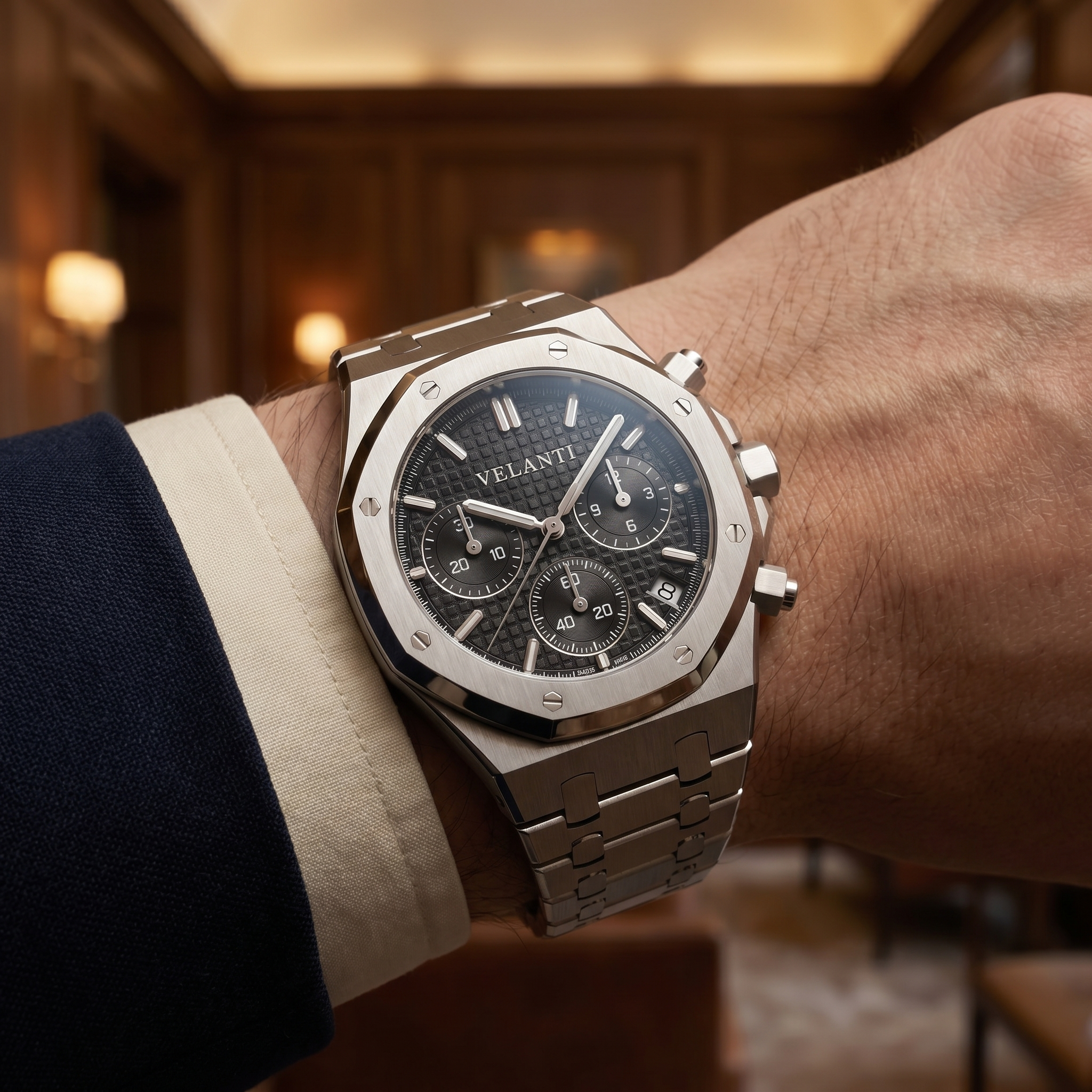 Royal Oak-style chronograph watch, Velanti Milano Royal Veloak Chrono Black, product photo 6