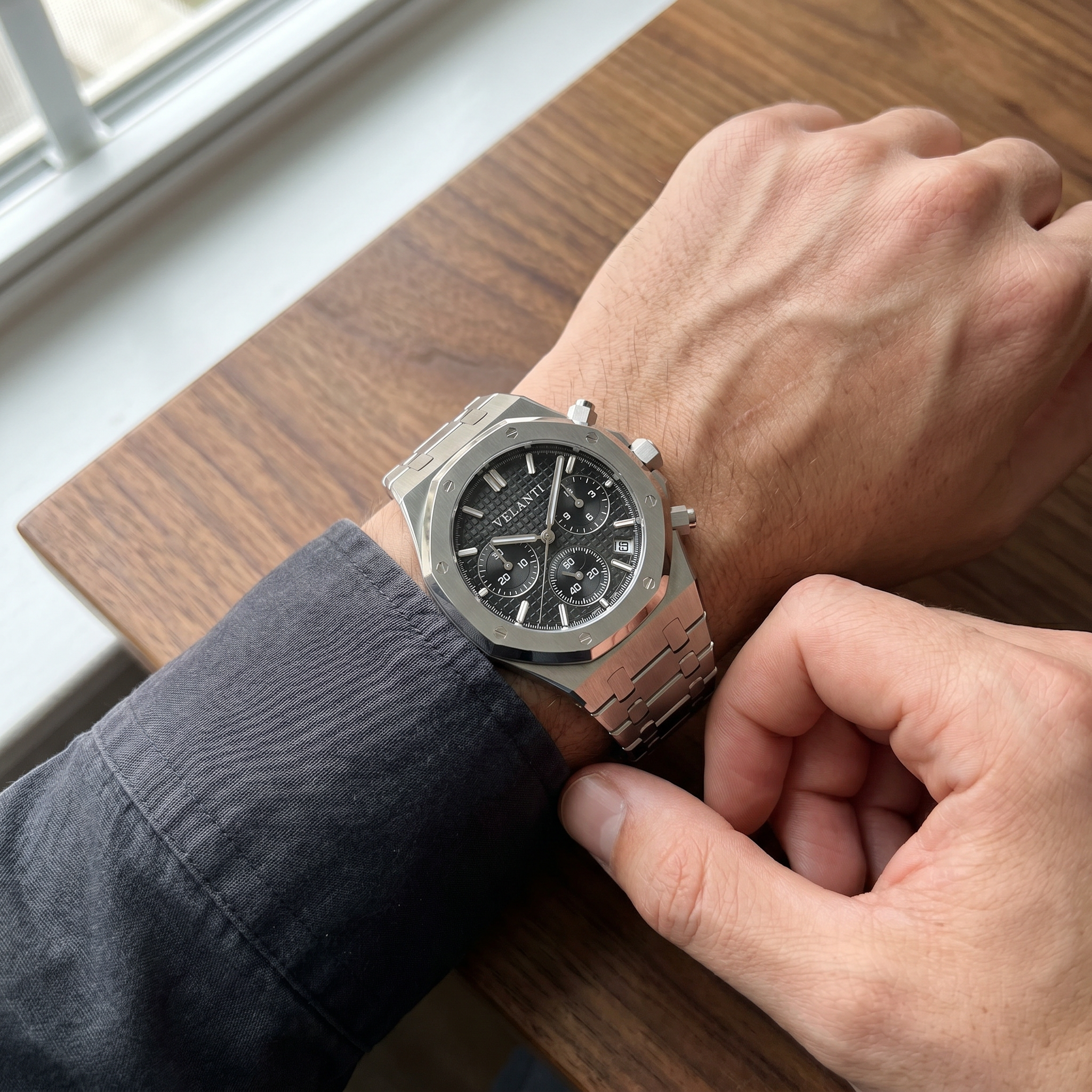 Royal Oak-style chronograph watch, Velanti Milano Royal Veloak Chrono Black worn on wrist photo 10