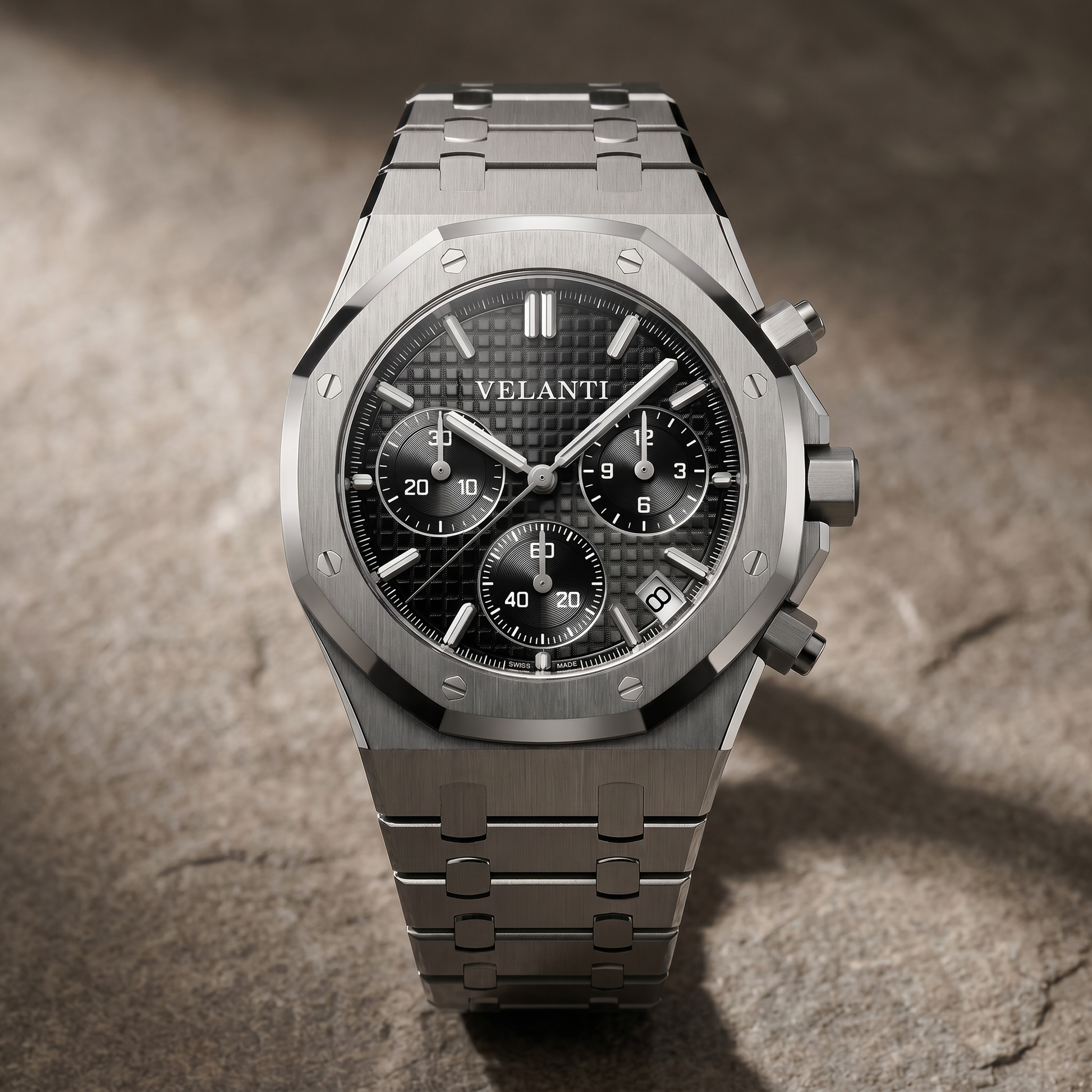 Royal Oak-style custom chronograph watch, Velanti Milano Royal Veloak Chrono Black, watch detail photo
