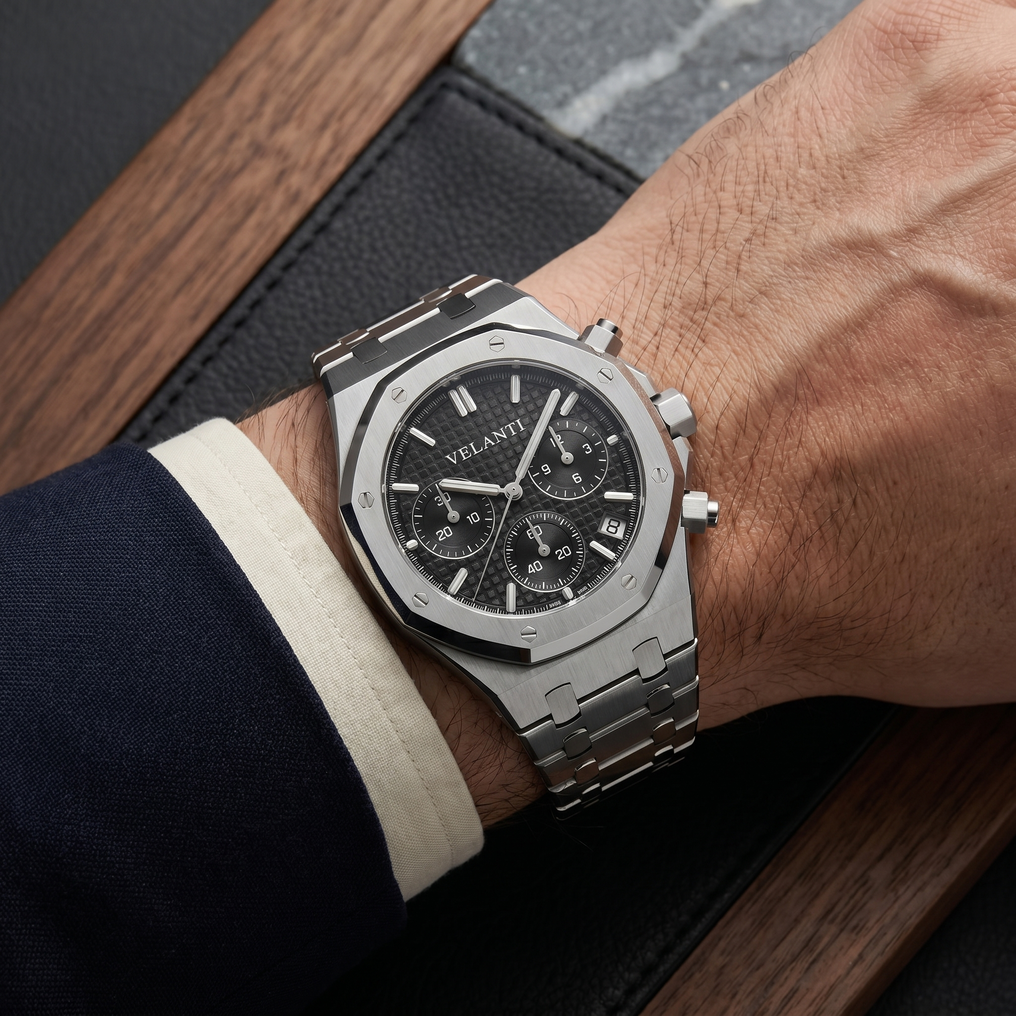 Royal Oak-style chronograph watch, Velanti Milano Royal Veloak Chrono Black worn on wrist photo 8
