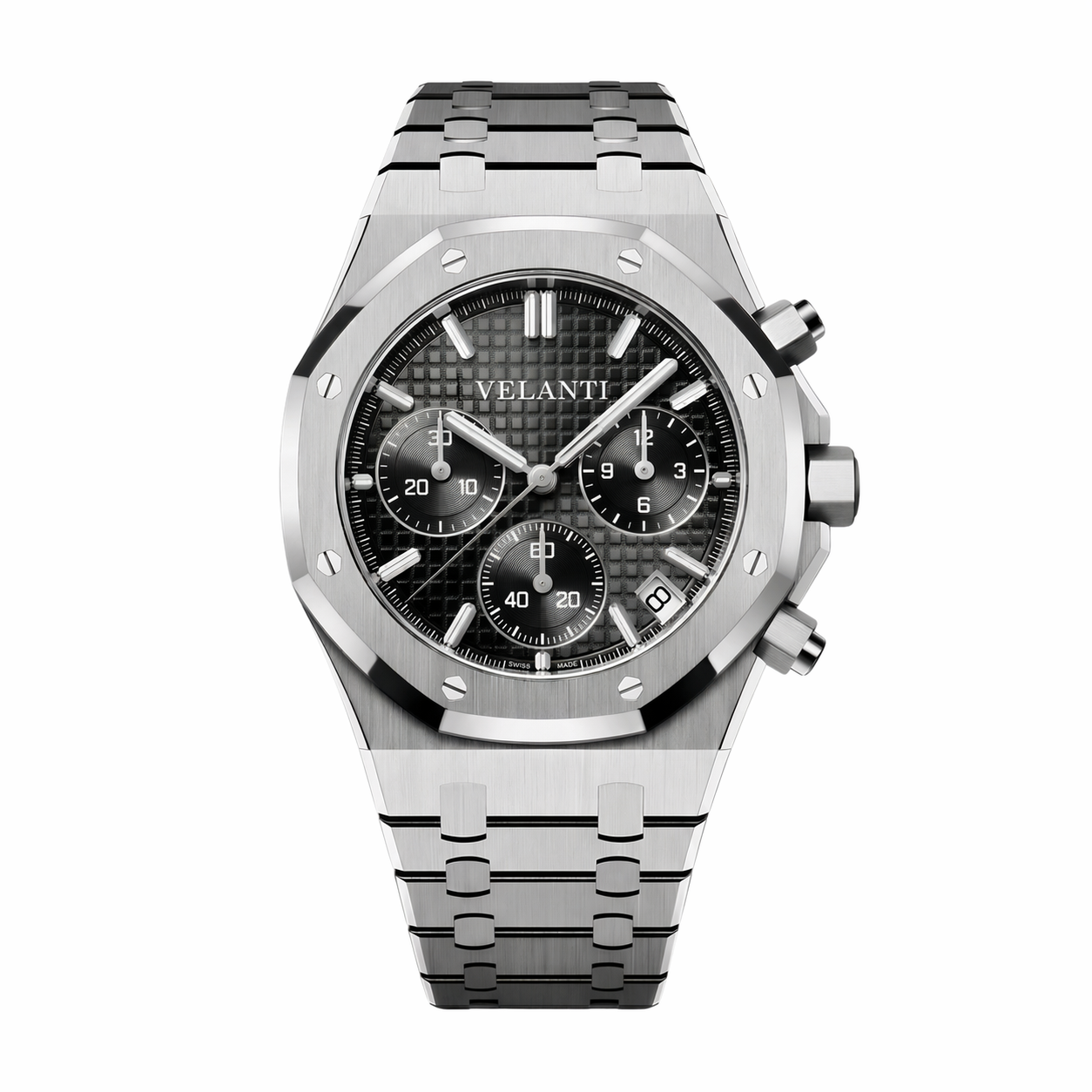 Royal Oak-style chronograph watch, Velanti Milano Royal Veloak Chrono Black, main product photo