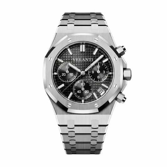 Royal Oak-style custom chronograph watch, Velanti Milano Royal Veloak Chrono Black, main product photo