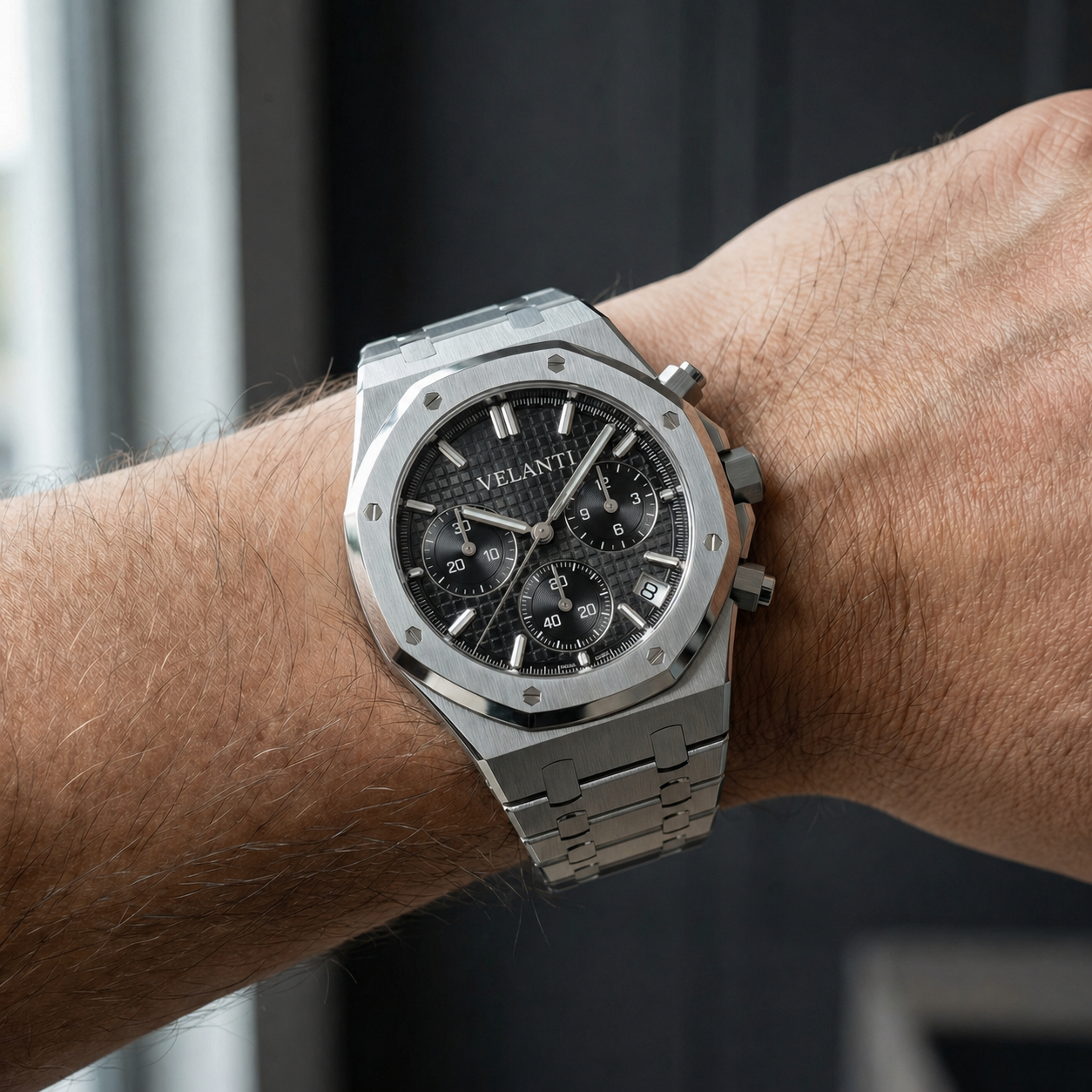 Royal Oak-style chronograph watch, Velanti Milano Royal Veloak Chrono Black, product photo 2