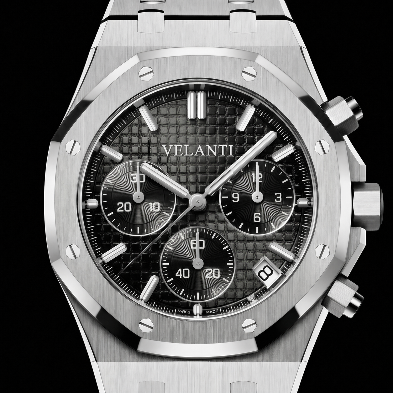 Royal Oak-style chronograph watch, Velanti Milano Royal Veloak Chrono Black, product photo 3