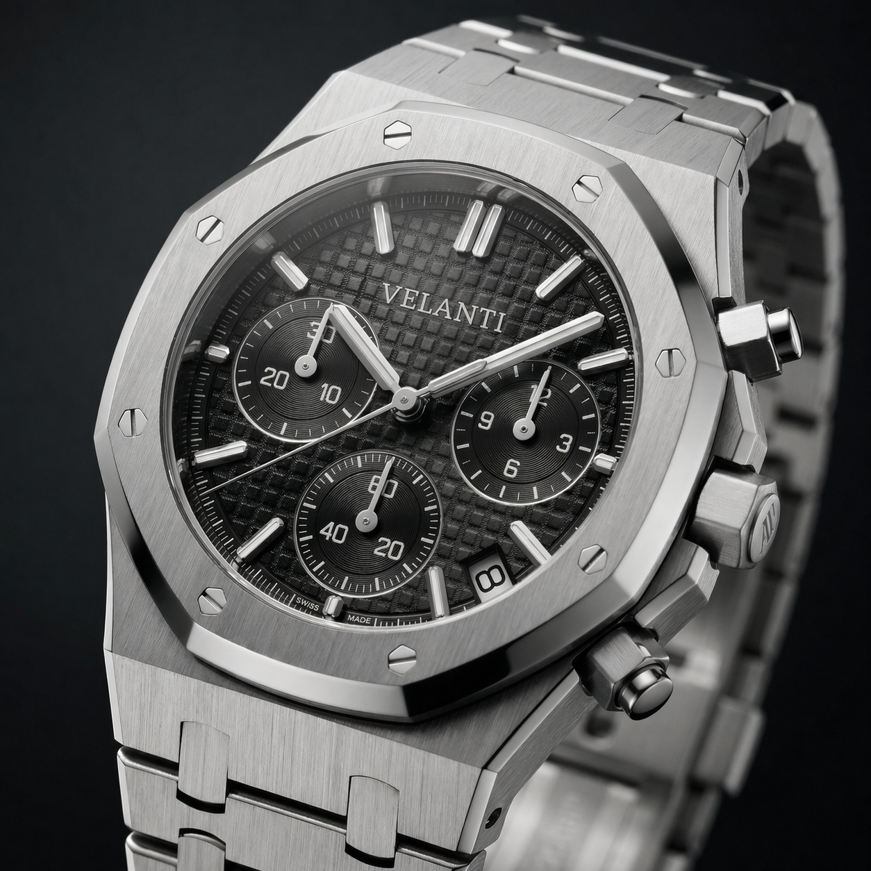 Royal Oak-style chronograph watch, Velanti Milano Royal Veloak Chrono Black, product photo 4