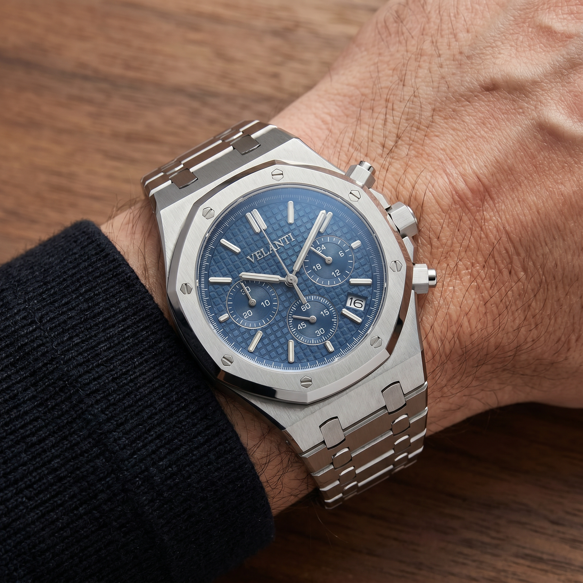 Royal Oak-style chronograph watch, Velanti Milano Royal Veloak Chrono Blue worn on wrist photo 11
