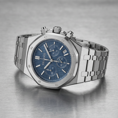 Royal Oak-style custom chronograph watch, Velanti Milano Royal Veloak Chrono Blue, bracelet detail photo
