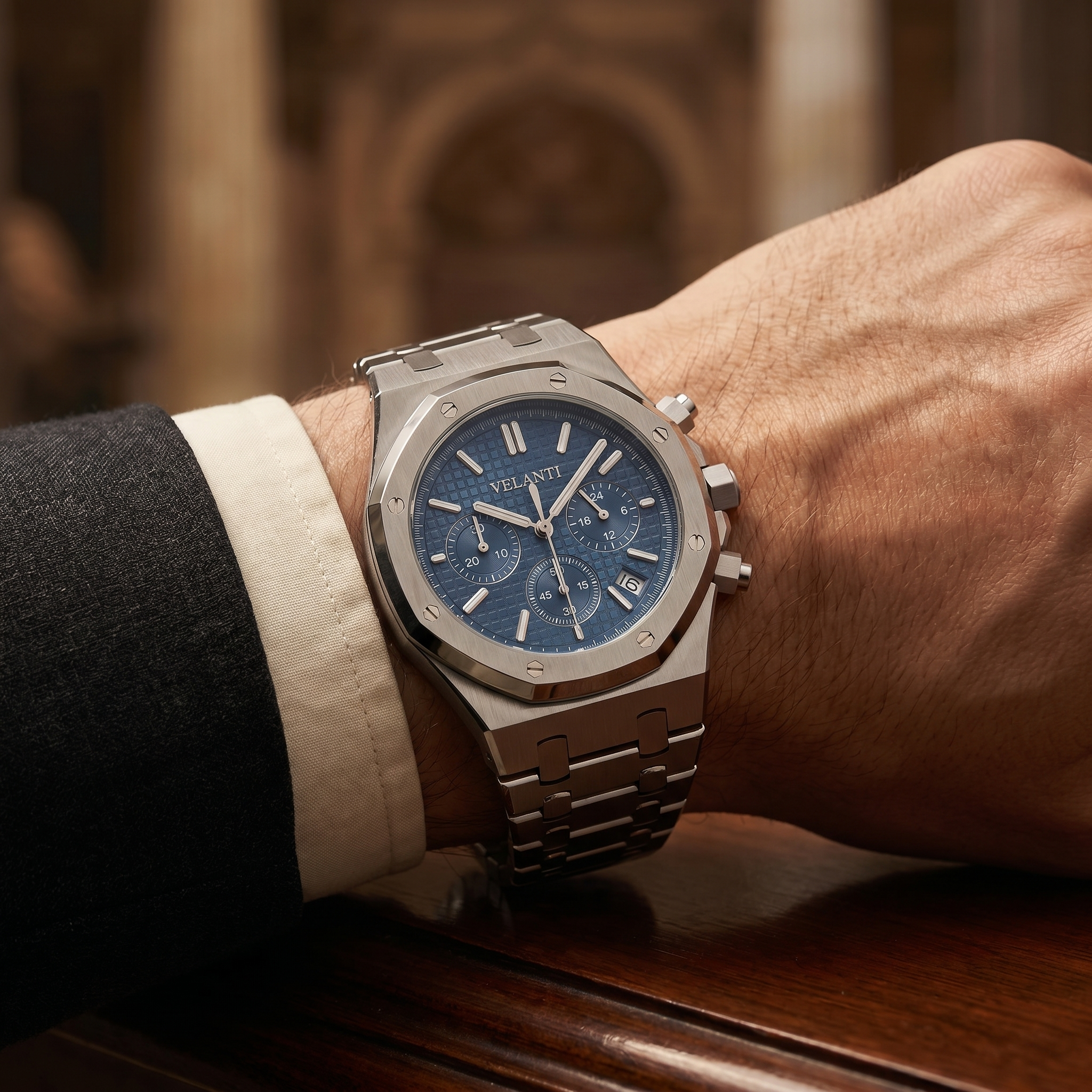 Royal Oak-style chronograph watch, Velanti Milano Royal Veloak Chrono Blue, product photo 9