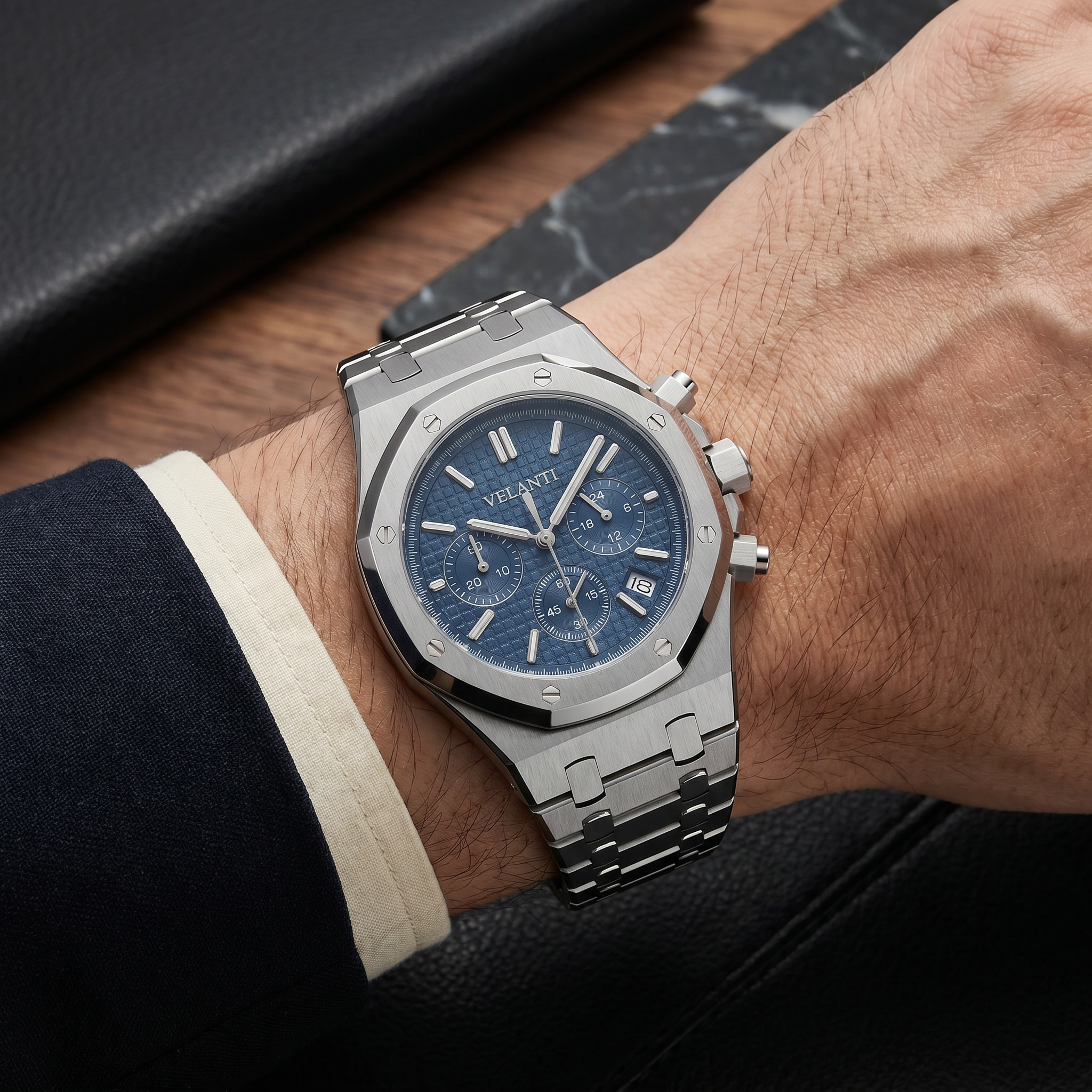 Royal Oak-style chronograph watch, Velanti Milano Royal Veloak Chrono Blue worn on wrist photo 10