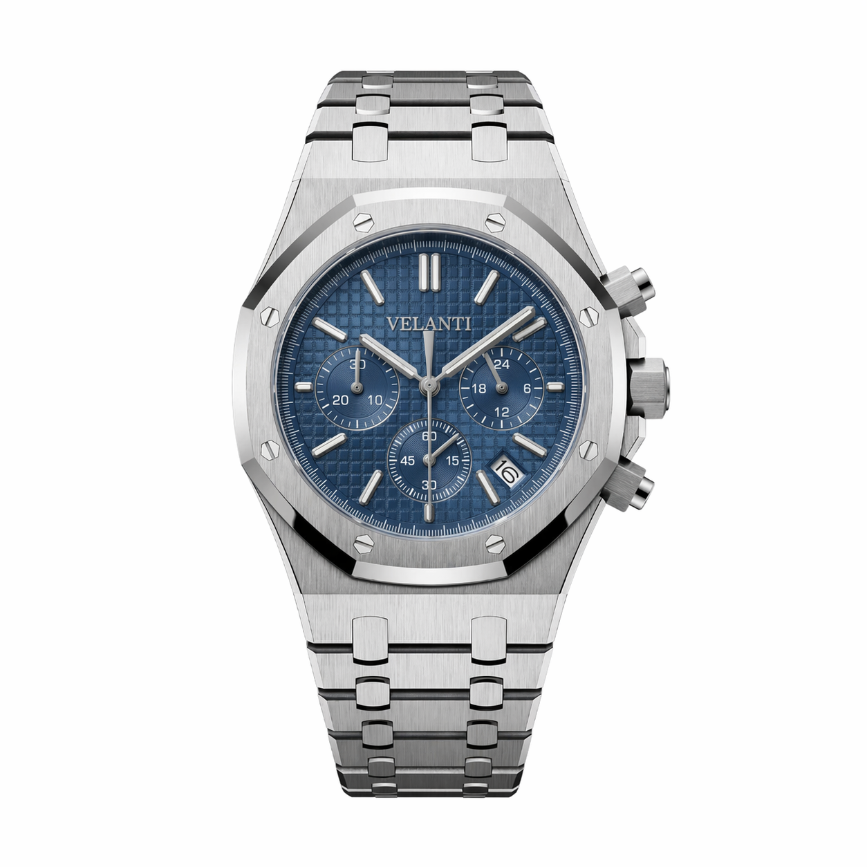 Royal Oak-style chronograph watch, Velanti Milano Royal Veloak Chrono Blue, main product photo