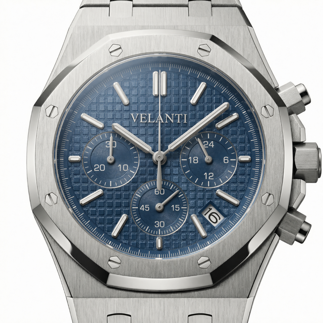 Royal Oak-style chronograph watch, Velanti Milano Royal Veloak Chrono Blue, product photo 3
