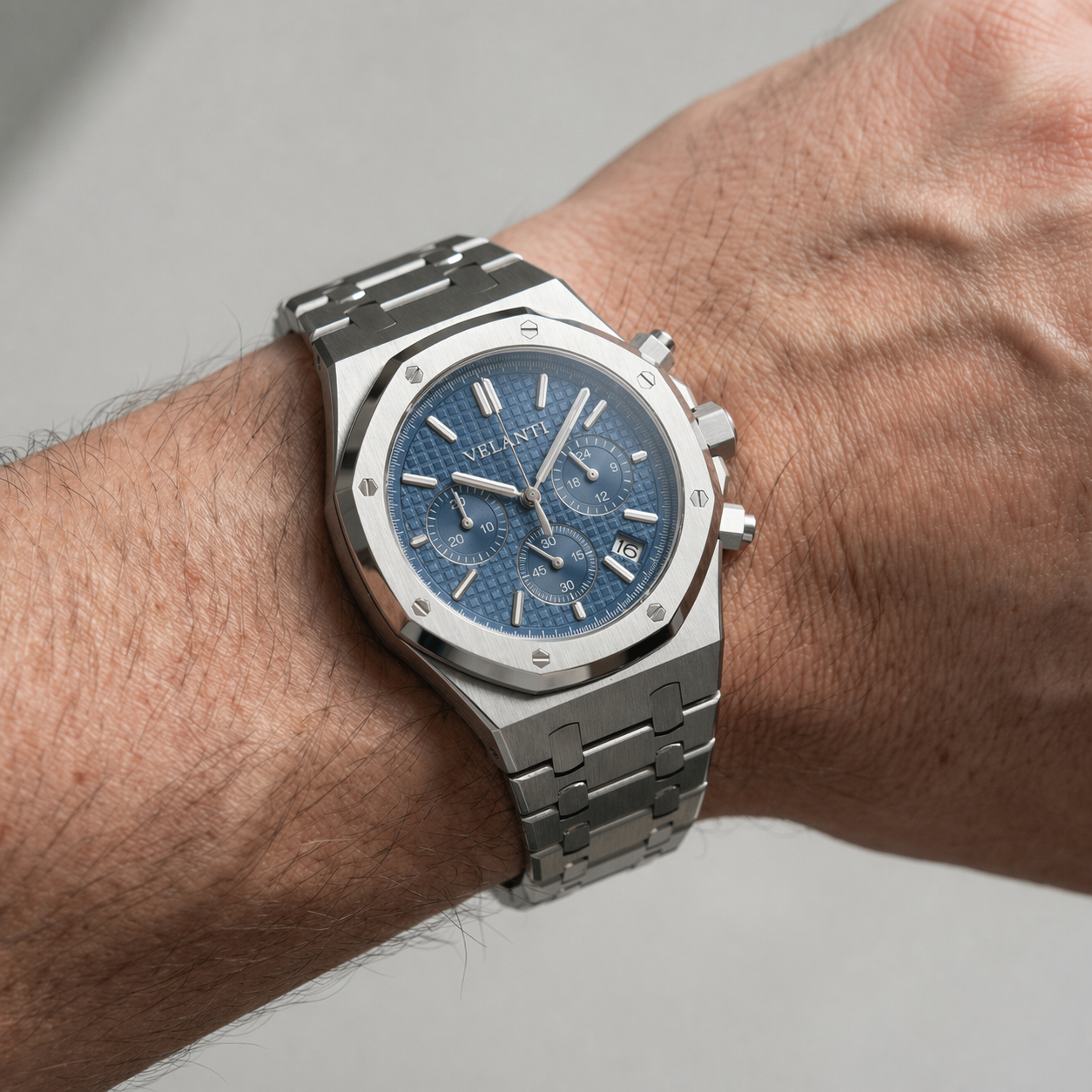 Royal Oak-style chronograph watch, Velanti Milano Royal Veloak Chrono Blue, product photo 5
