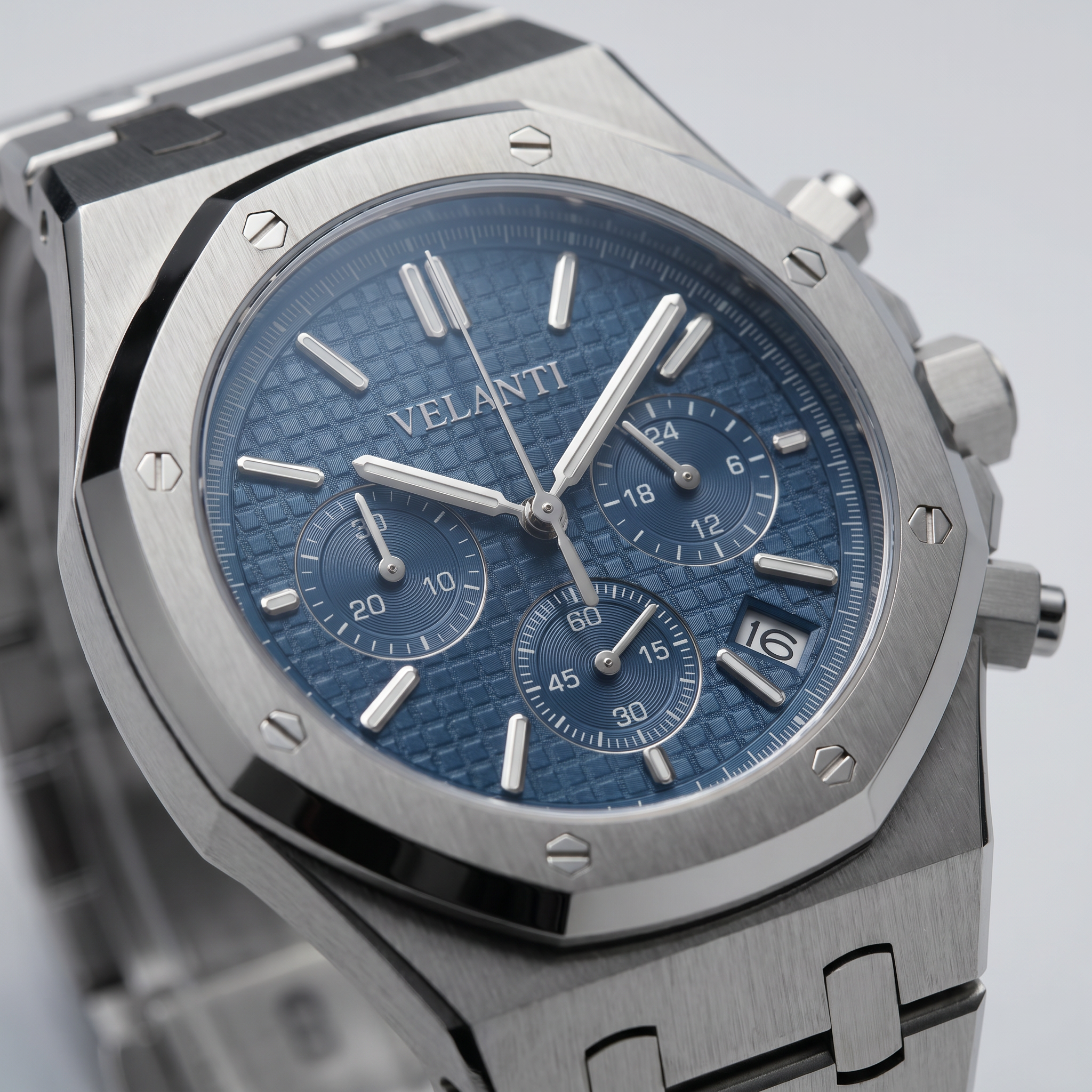 Royal Oak-style chronograph watch, Velanti Milano Royal Veloak Chrono Blue, product photo 6