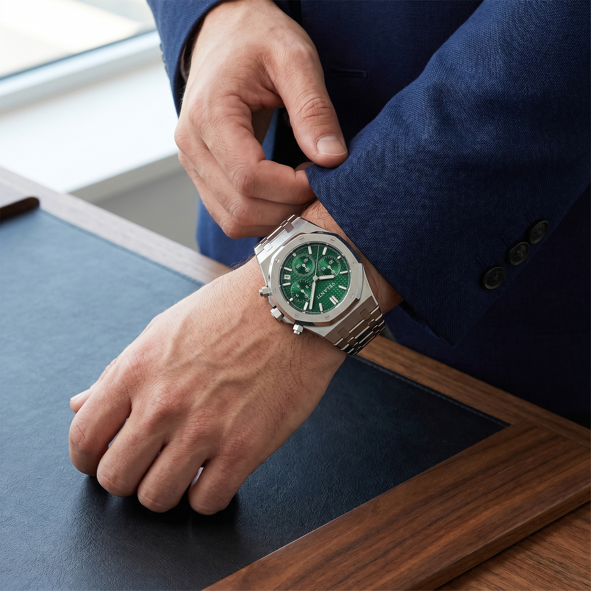 Royal Oak-style chronograph watch, Velanti Milano Royal Veloak Chrono Green worn on wrist photo 7