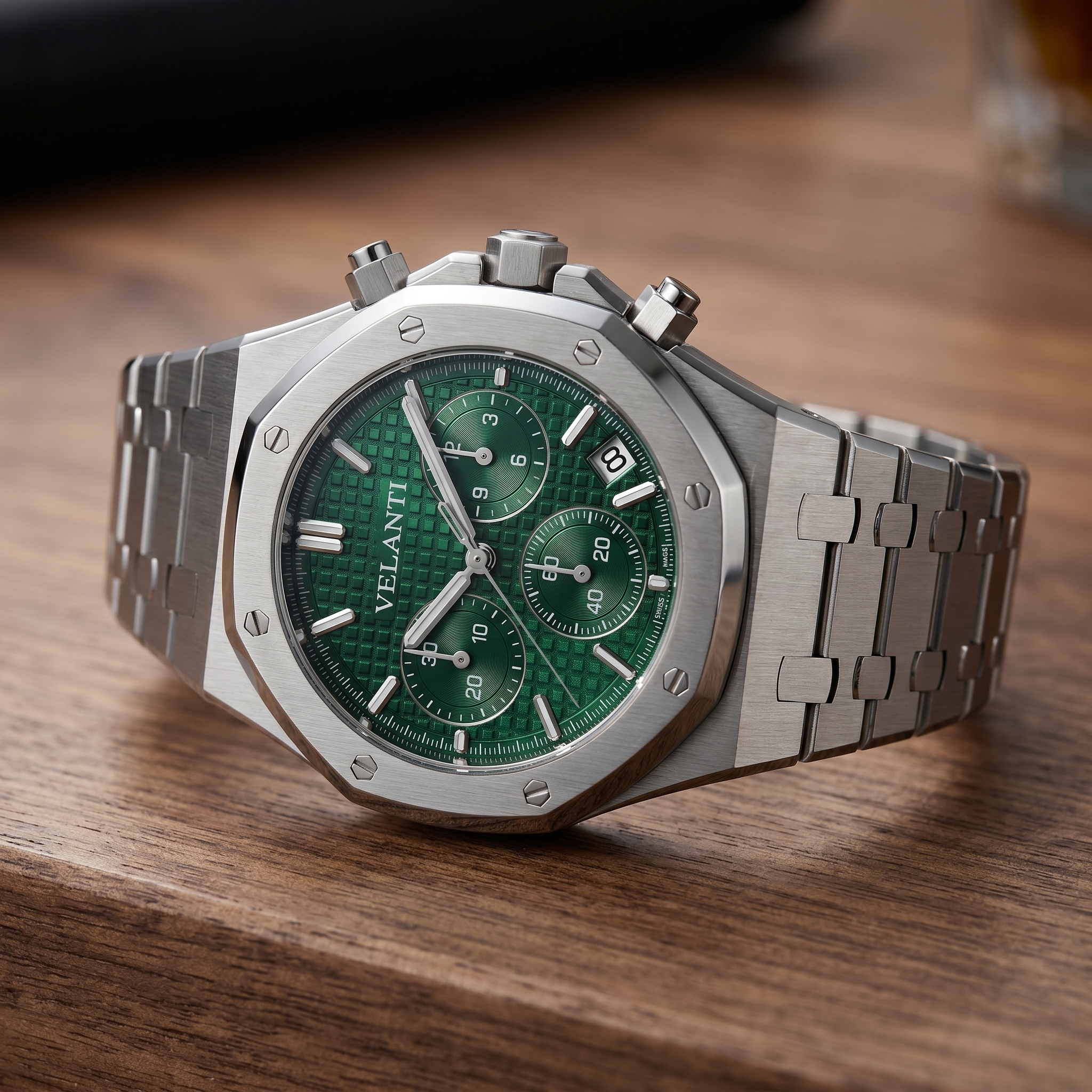 Royal Oak-style chronograph watch, Velanti Milano Royal Veloak Chrono Green, watch detail photo