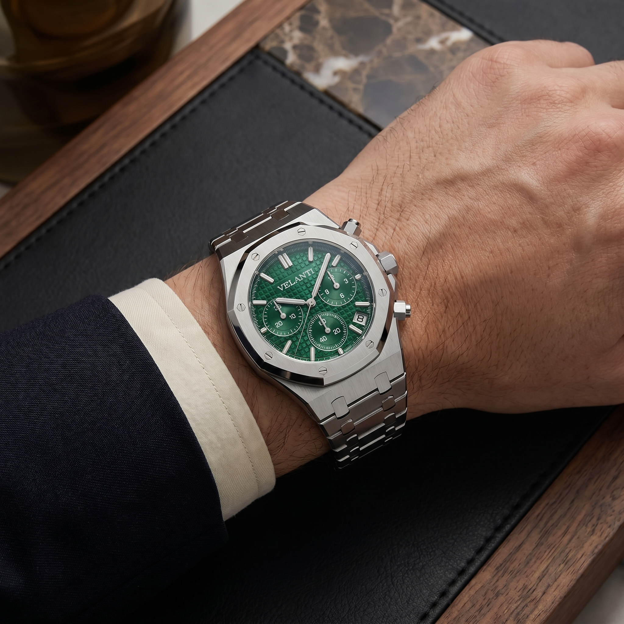 Royal Oak-style chronograph watch, Velanti Milano Royal Veloak Chrono Green worn on wrist photo 9