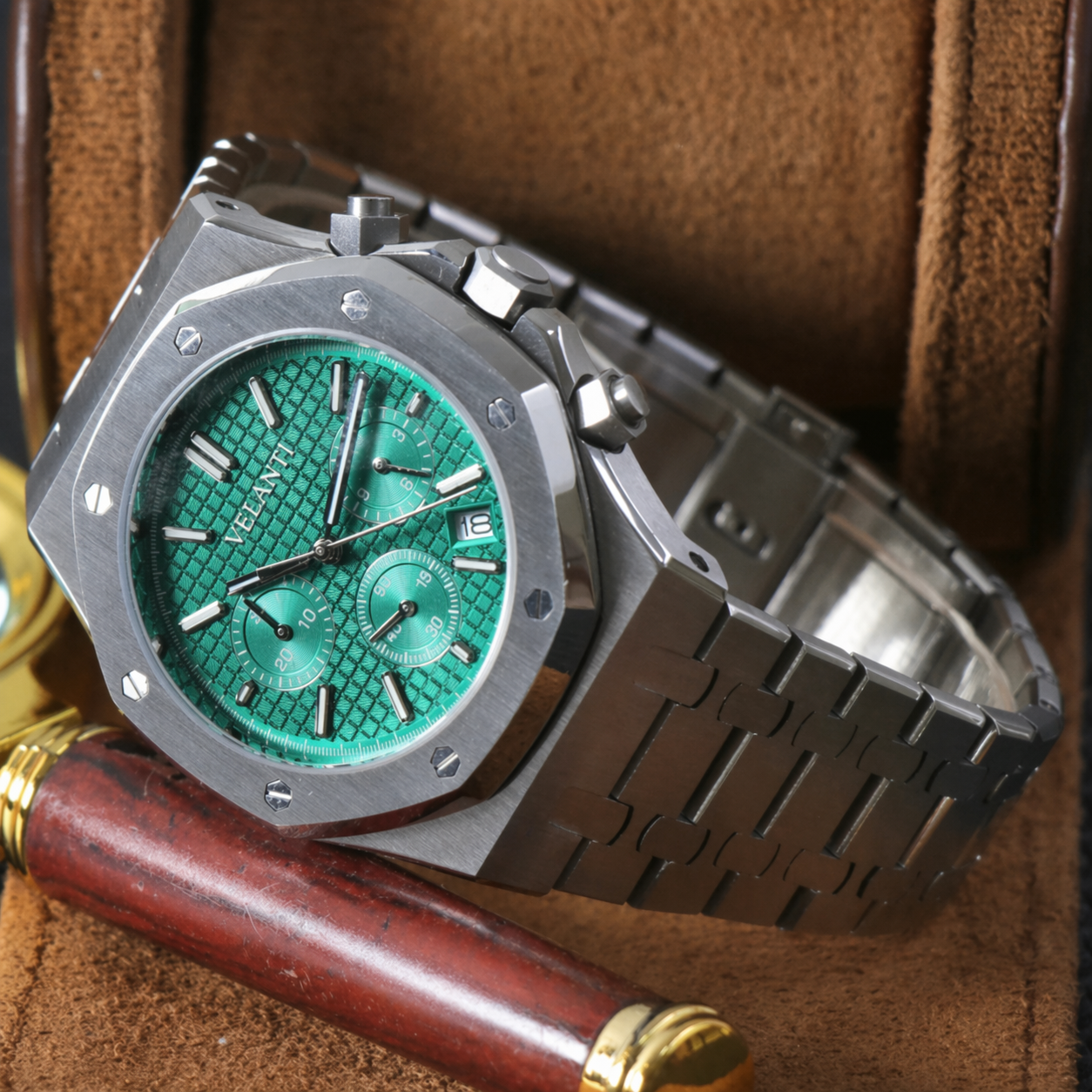 Royal Oak-style chronograph watch, Velanti Milano Royal Veloak Chrono Green, product photo 4
