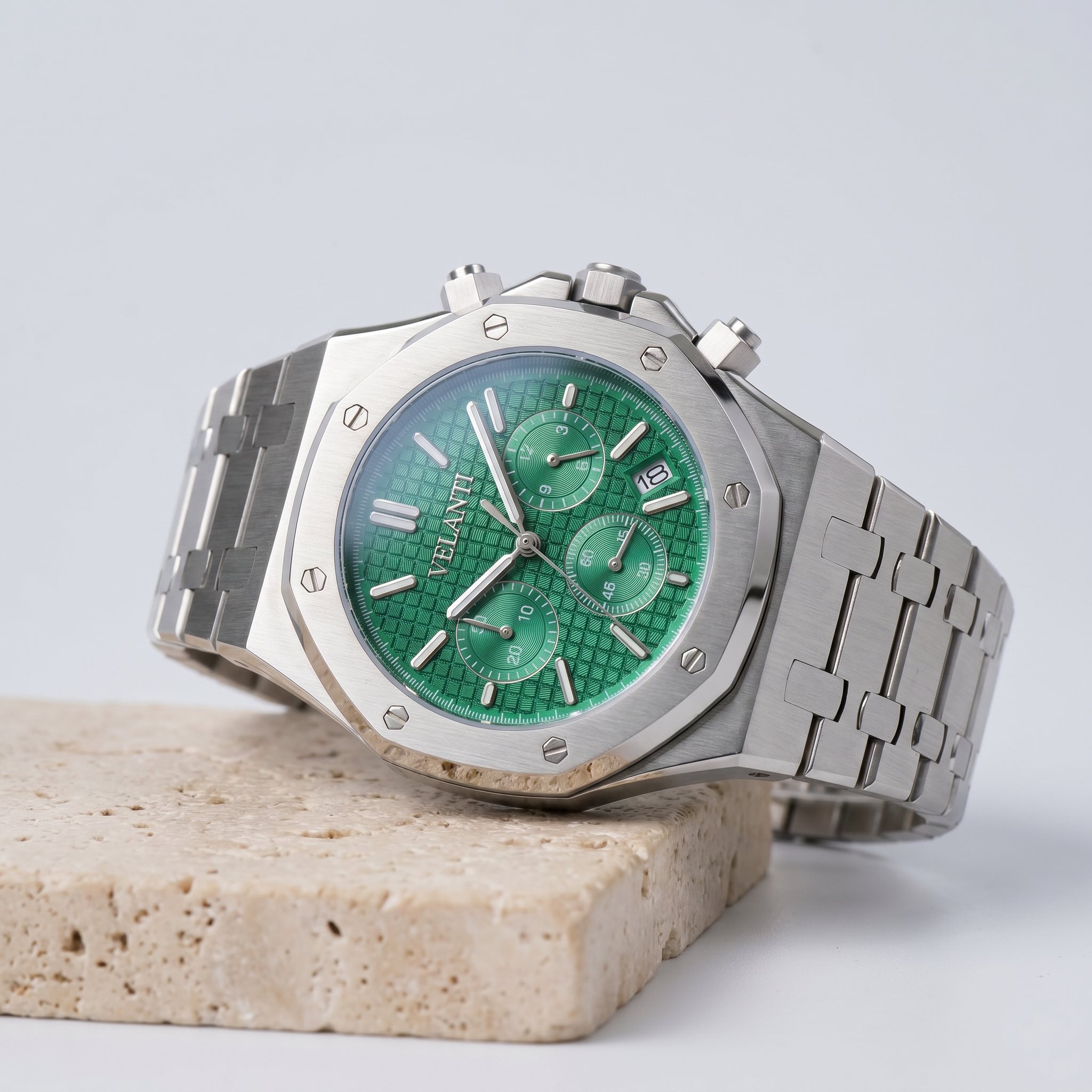 Royal Oak-style chronograph watch, Velanti Milano Royal Veloak Chrono Green, product photo 2