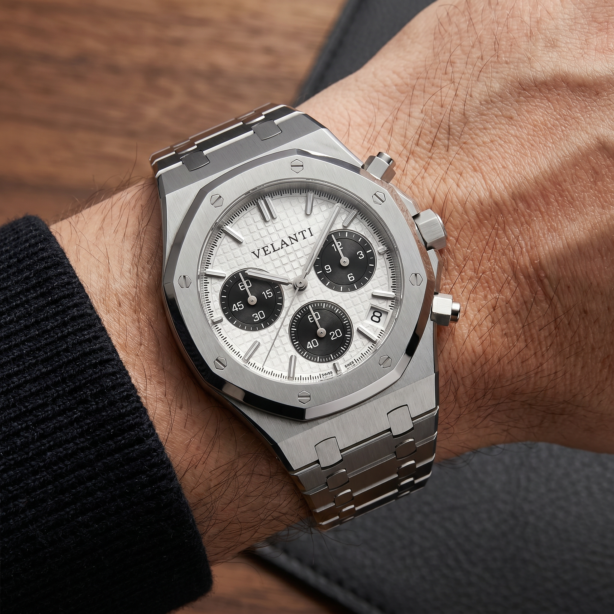 Royal Oak-style chronograph watch, Velanti Milano Royal Veloak Chrono Panda worn on wrist photo 6