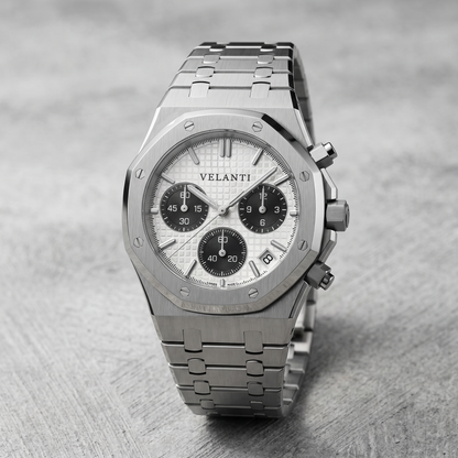 Royal Oak-style custom chronograph watch, Velanti Milano Royal Veloak Chrono Panda, bracelet detail photo