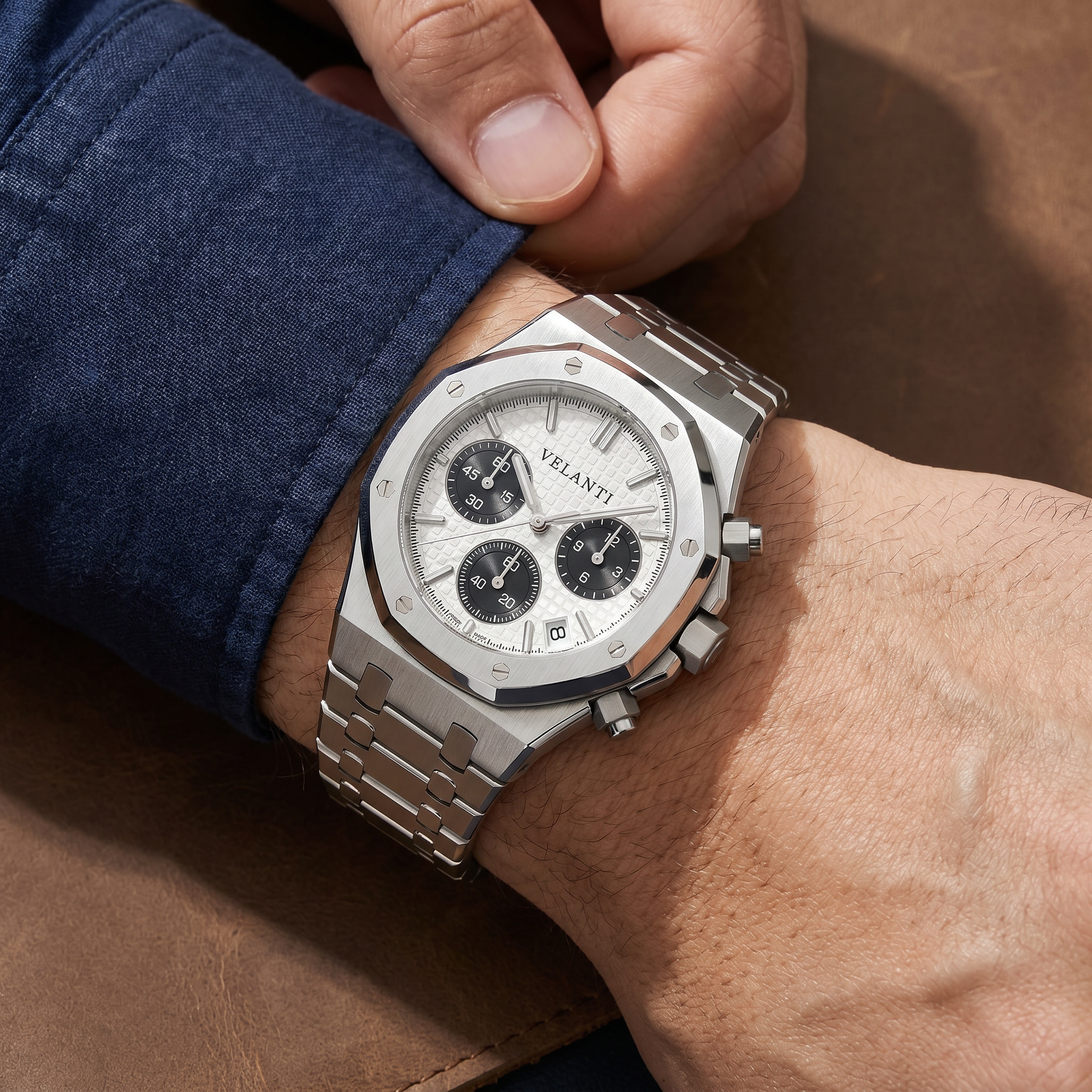 Royal Oak-style chronograph watch, Velanti Milano Royal Veloak Chrono Panda worn on wrist photo 9