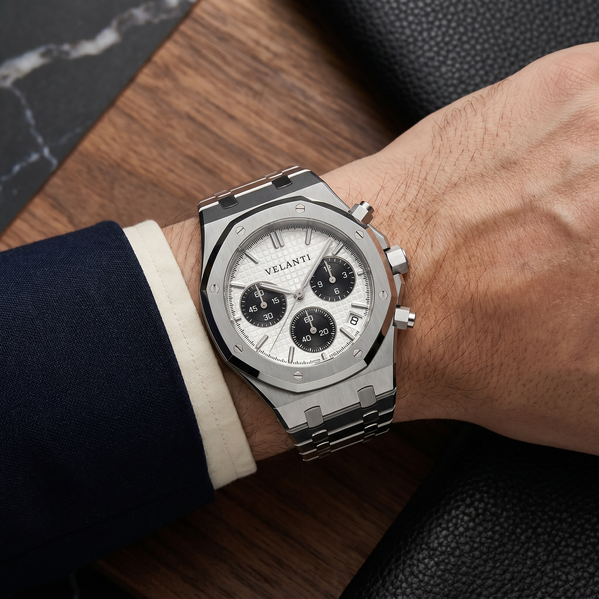 Royal Oak-style chronograph watch, Velanti Milano Royal Veloak Chrono Panda worn on wrist photo 11