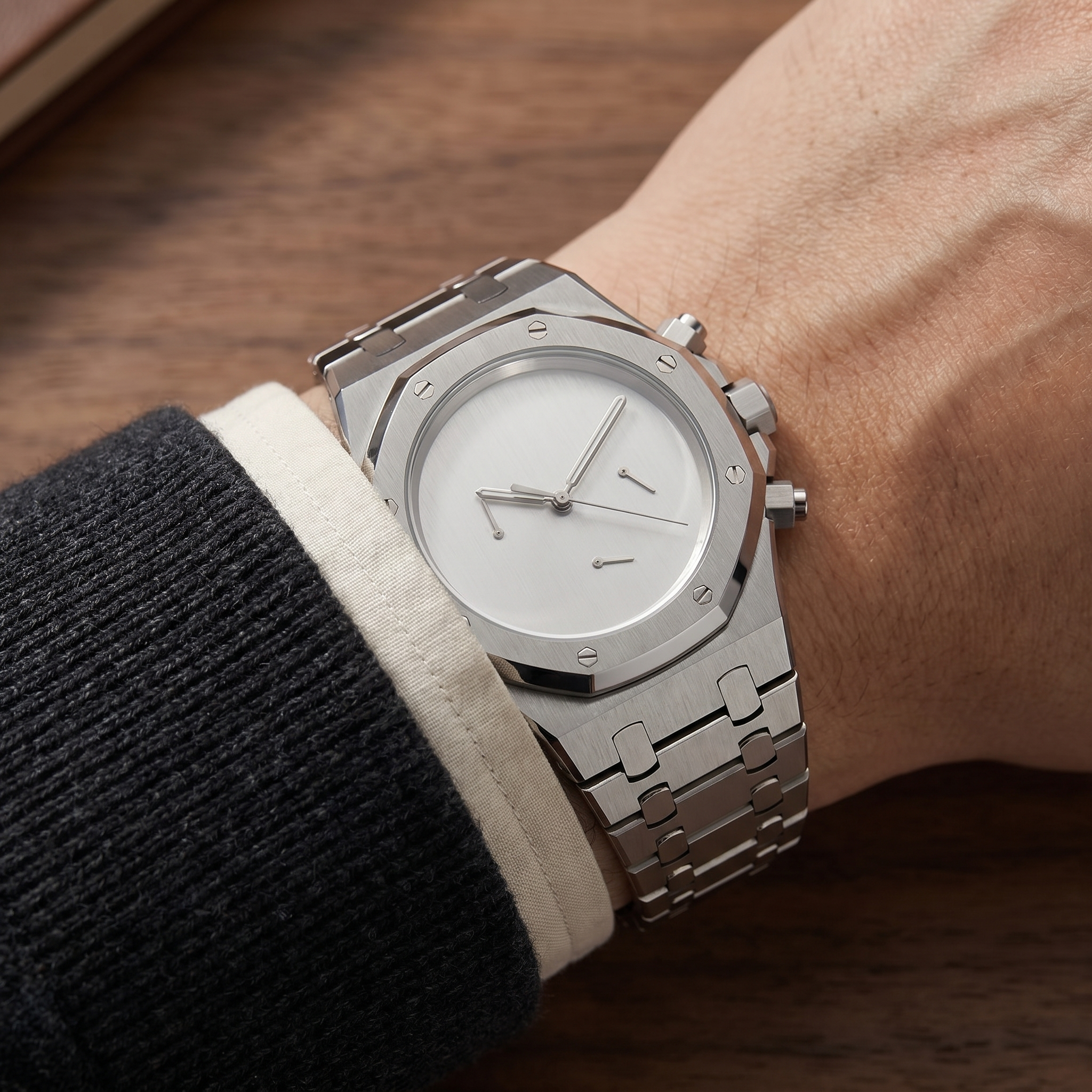 Royal Oak-style chronograph watch, Velanti Milano Royal Veloak Chrono Silver Minimalist, product photo 11