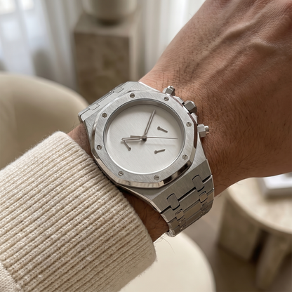 Royal Oak-style custom chronograph watch, Velanti Milano Royal Veloak Chrono Silver Minimalist worn on wrist photo 3