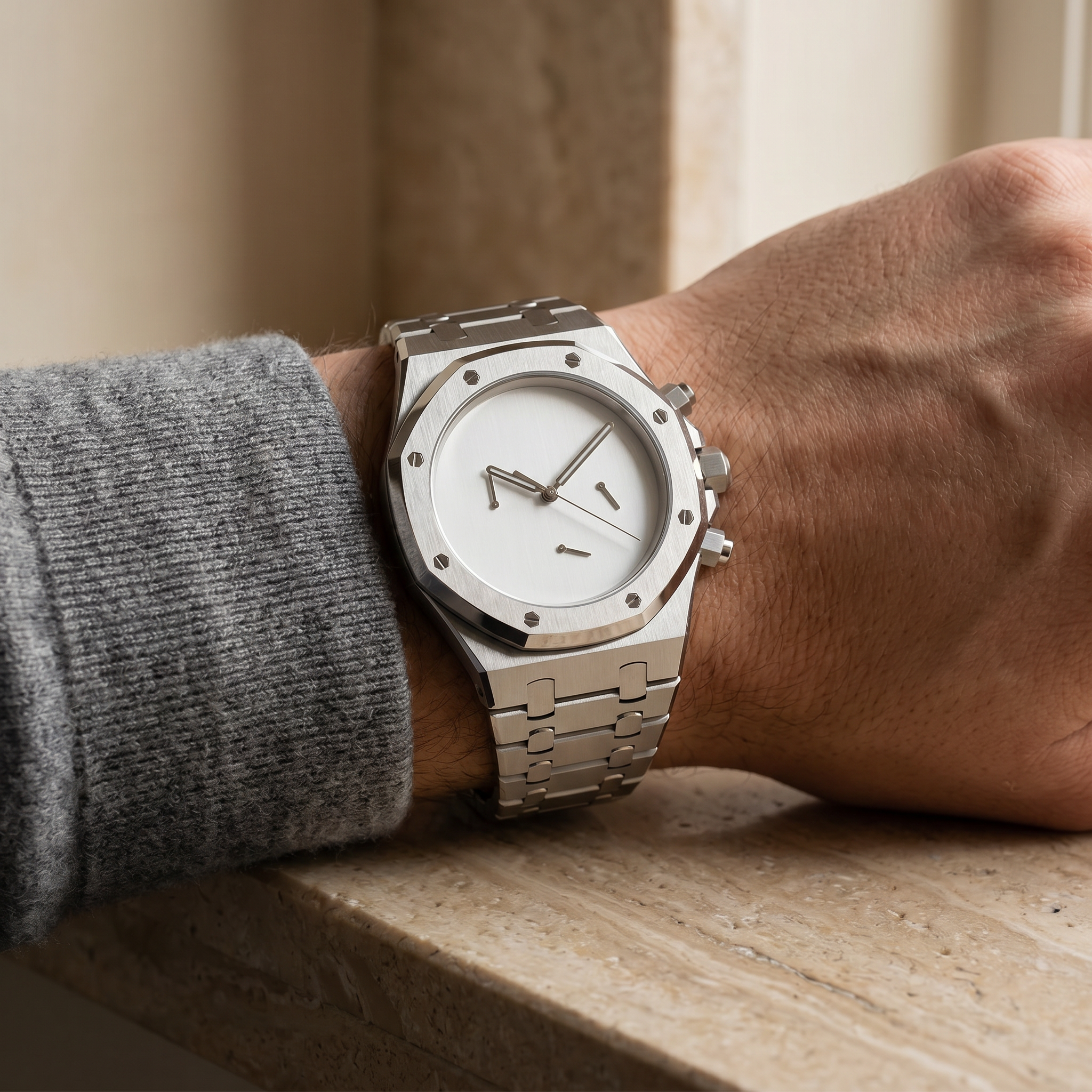 Royal Oak-style chronograph watch, Velanti Milano Royal Veloak Chrono Silver Minimalist, watch detail photo 7