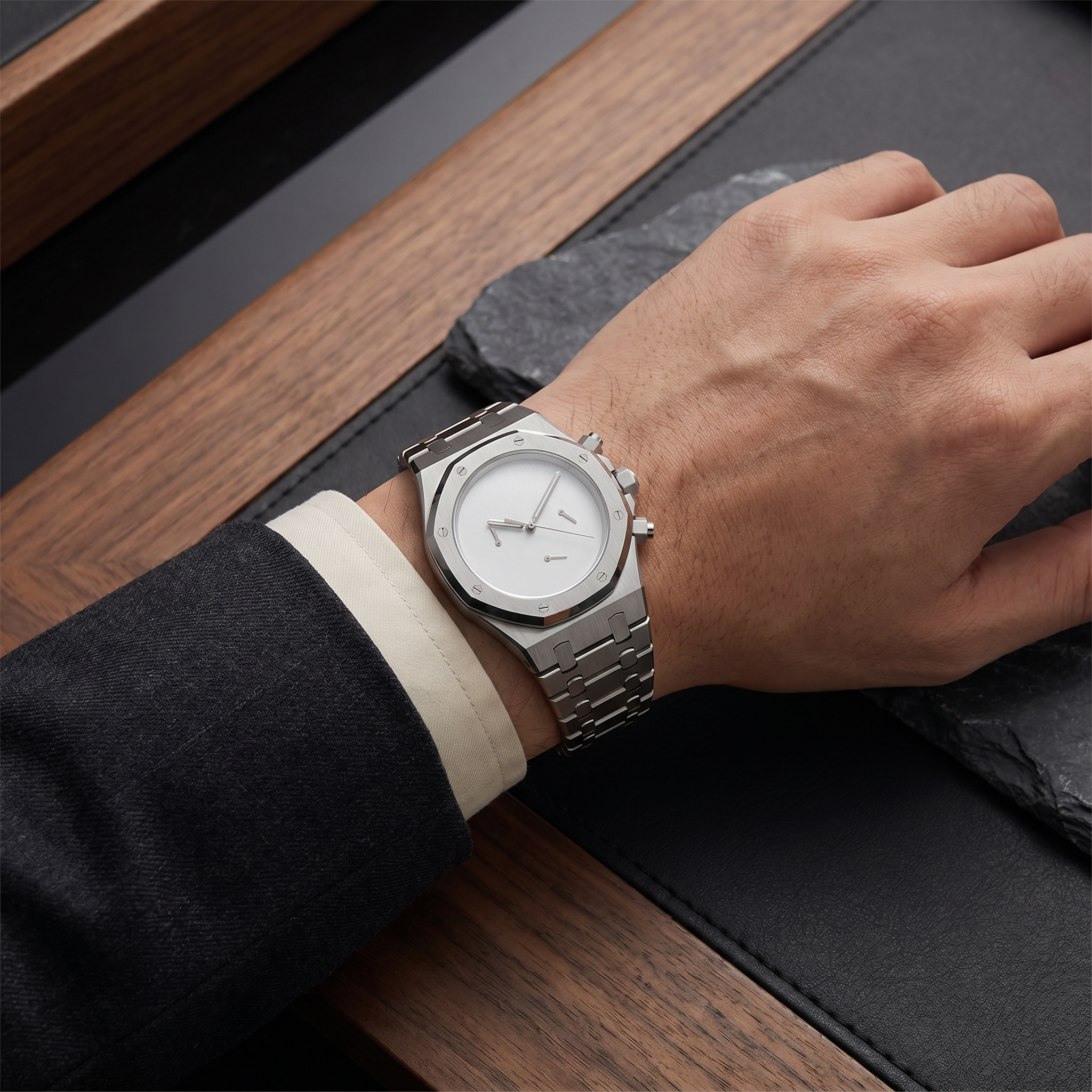 Royal Oak-style chronograph watch, Velanti Milano Royal Veloak Chrono Silver Minimalist worn on wrist photo 10