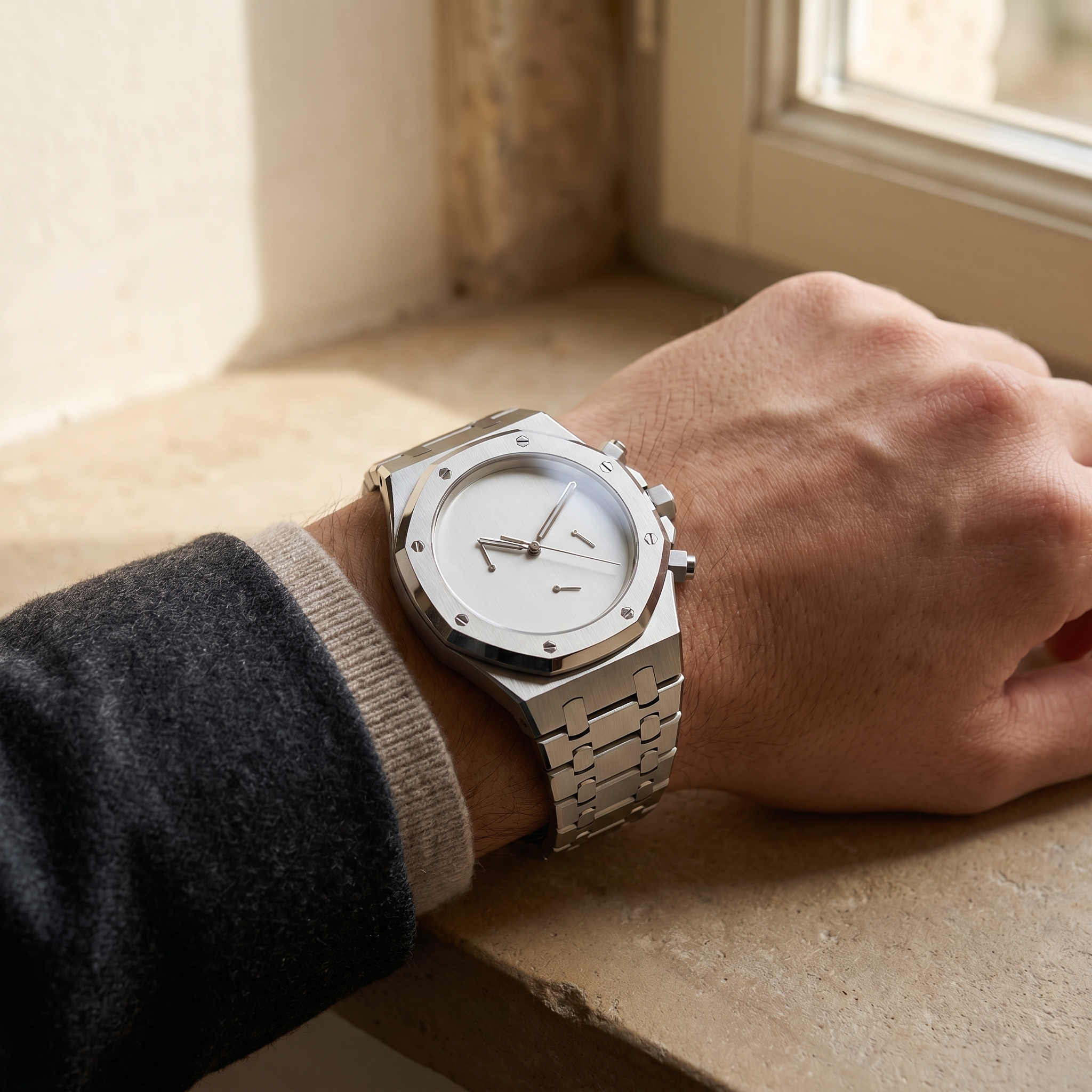 Royal Oak-style chronograph watch, Velanti Milano Royal Veloak Chrono Silver Minimalist worn on wrist photo 9