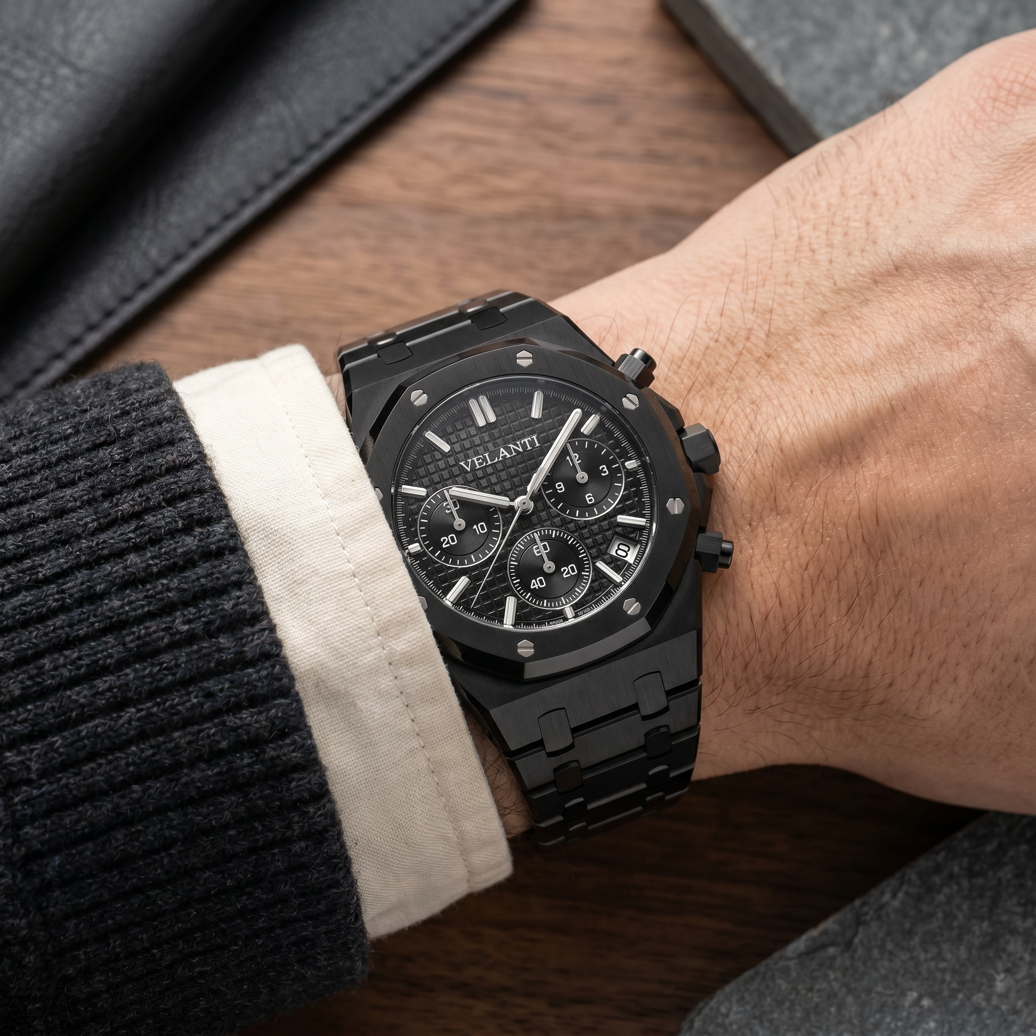 Royal Oak-style chronograph watch, Velanti Milano Royal Veloak Chrono Triple Black, product photo 9