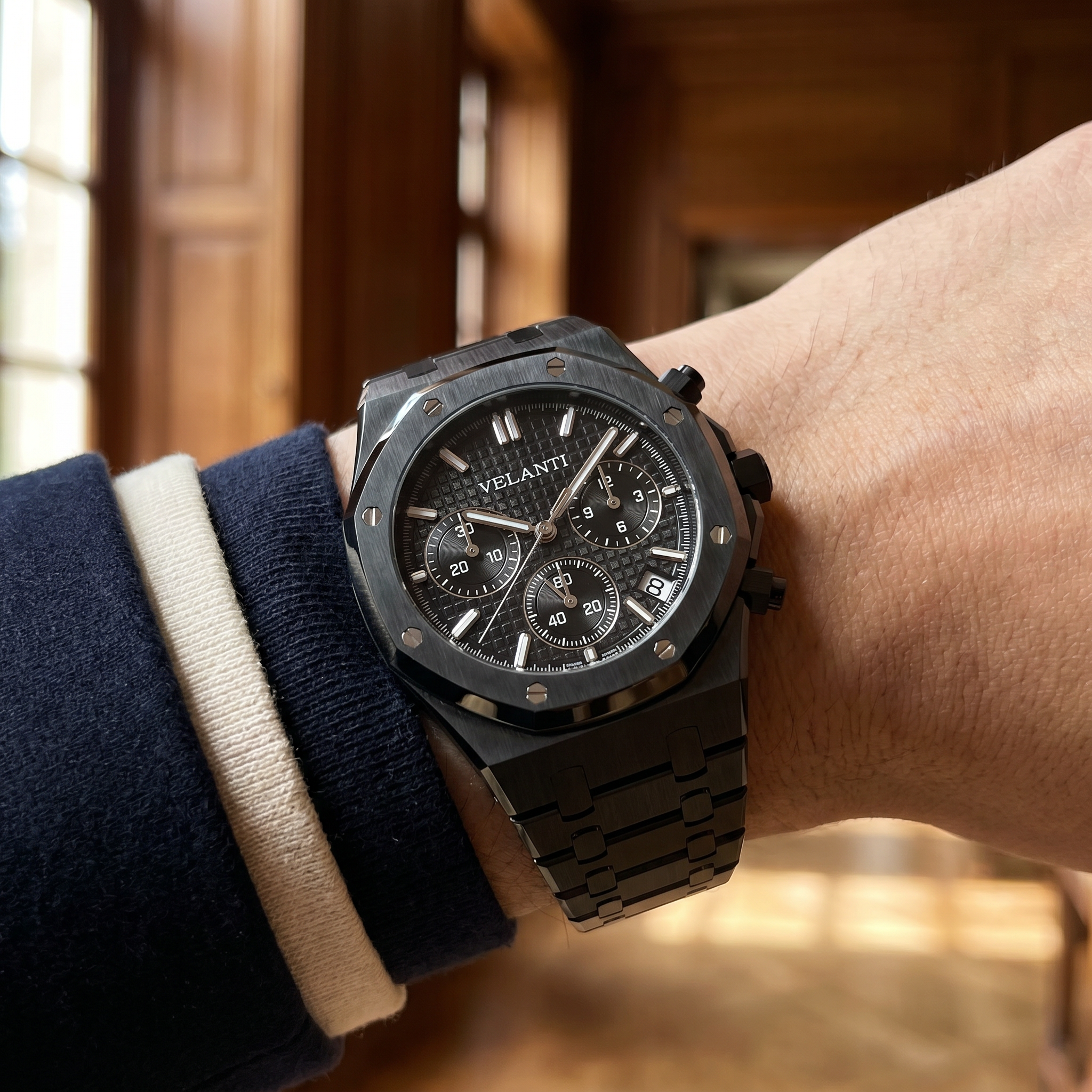 Royal Oak-style chronograph watch, Velanti Milano Royal Veloak Chrono Triple Black, product photo 10