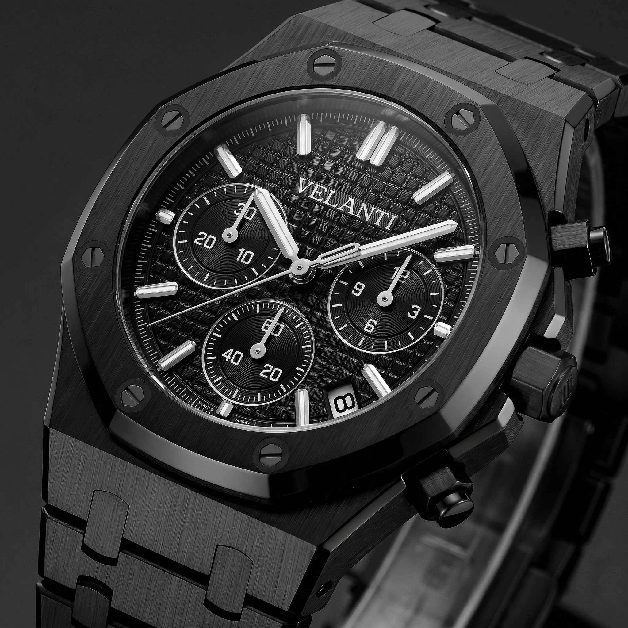 Royal Oak-style chronograph watch, Velanti Milano Royal Veloak Chrono Triple Black, watch detail photo 6