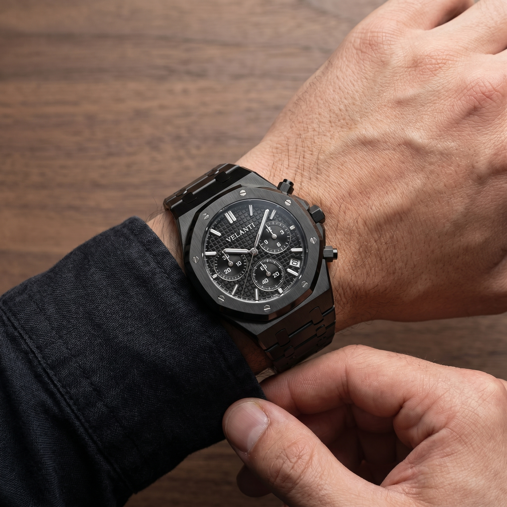 Royal Oak-style chronograph watch, Velanti Milano Royal Veloak Chrono Triple Black worn on wrist photo 7