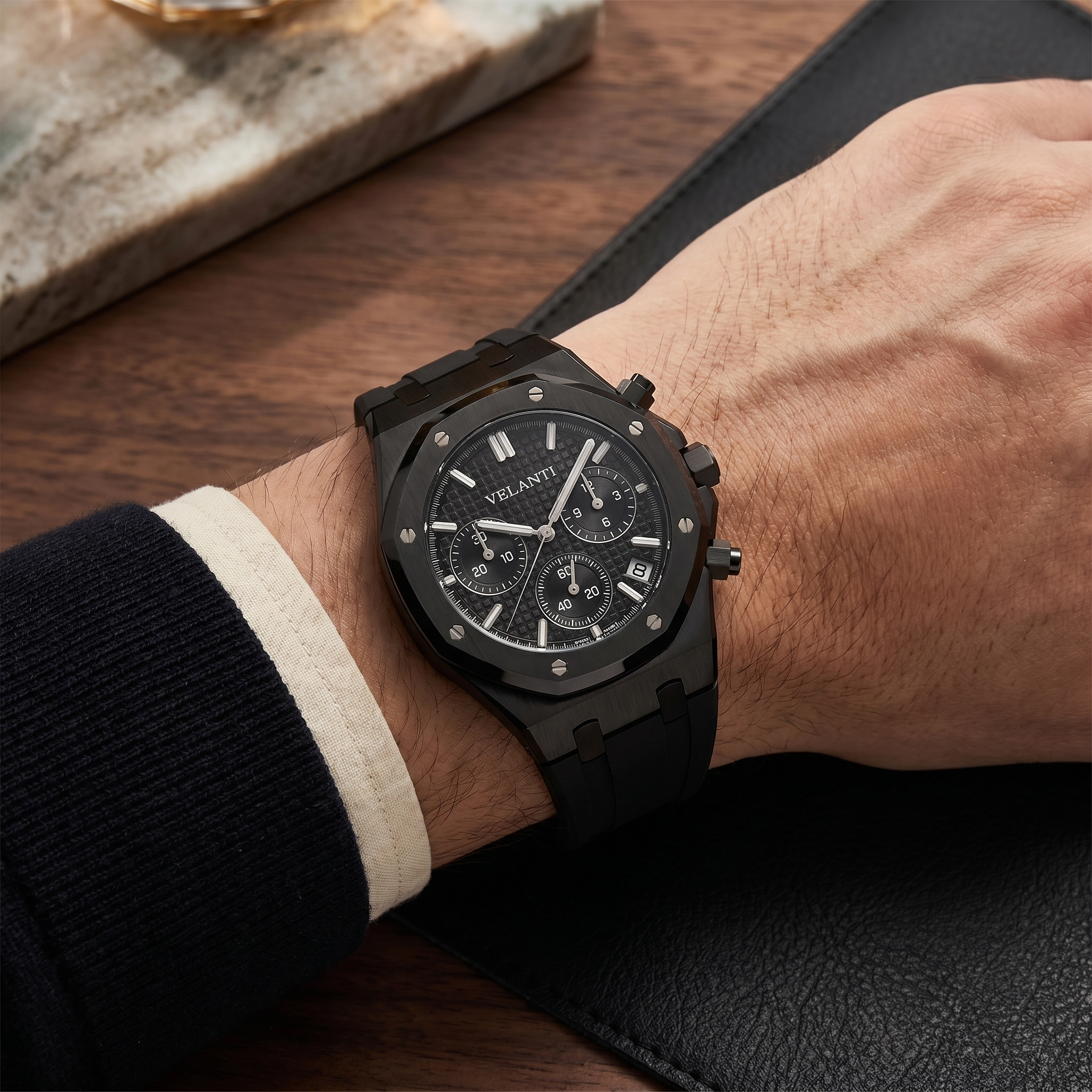 Royal Oak-style chronograph watch, Velanti Milano Royal Veloak Chrono Triple Black worn on wrist photo 11