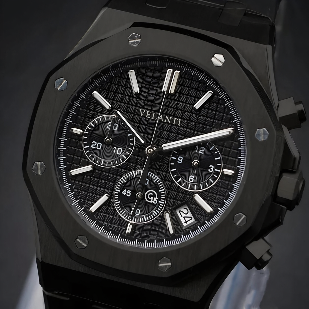 Royal Oak-style chronograph watch, Velanti Milano Royal Veloak Chrono Triple Black, product photo 3