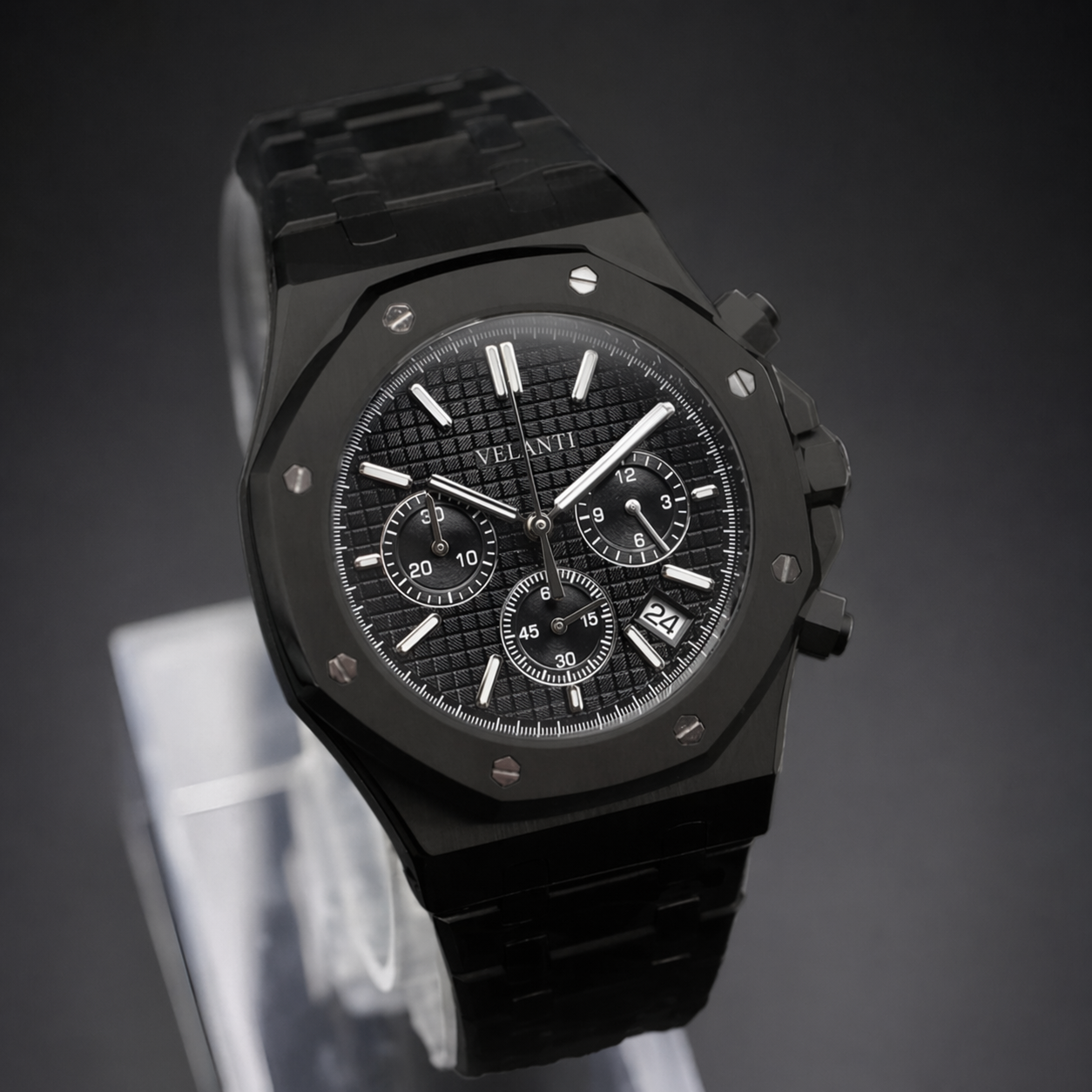 Royal Oak-style chronograph watch, Velanti Milano Royal Veloak Chrono Triple Black, product photo 4