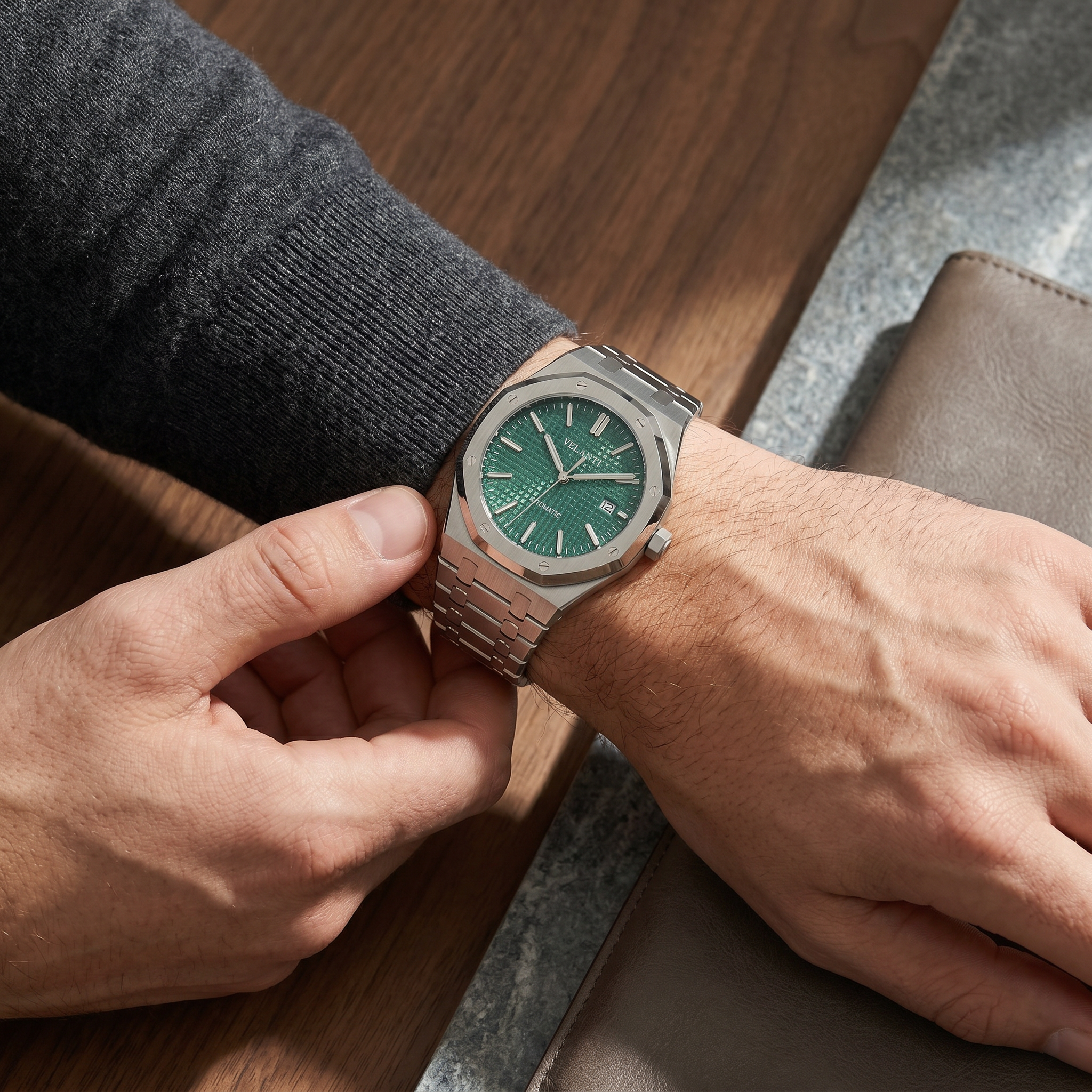 Royal Oak-style automatic watch, Velanti Milano Royal Veloak Green worn on wrist photo 11