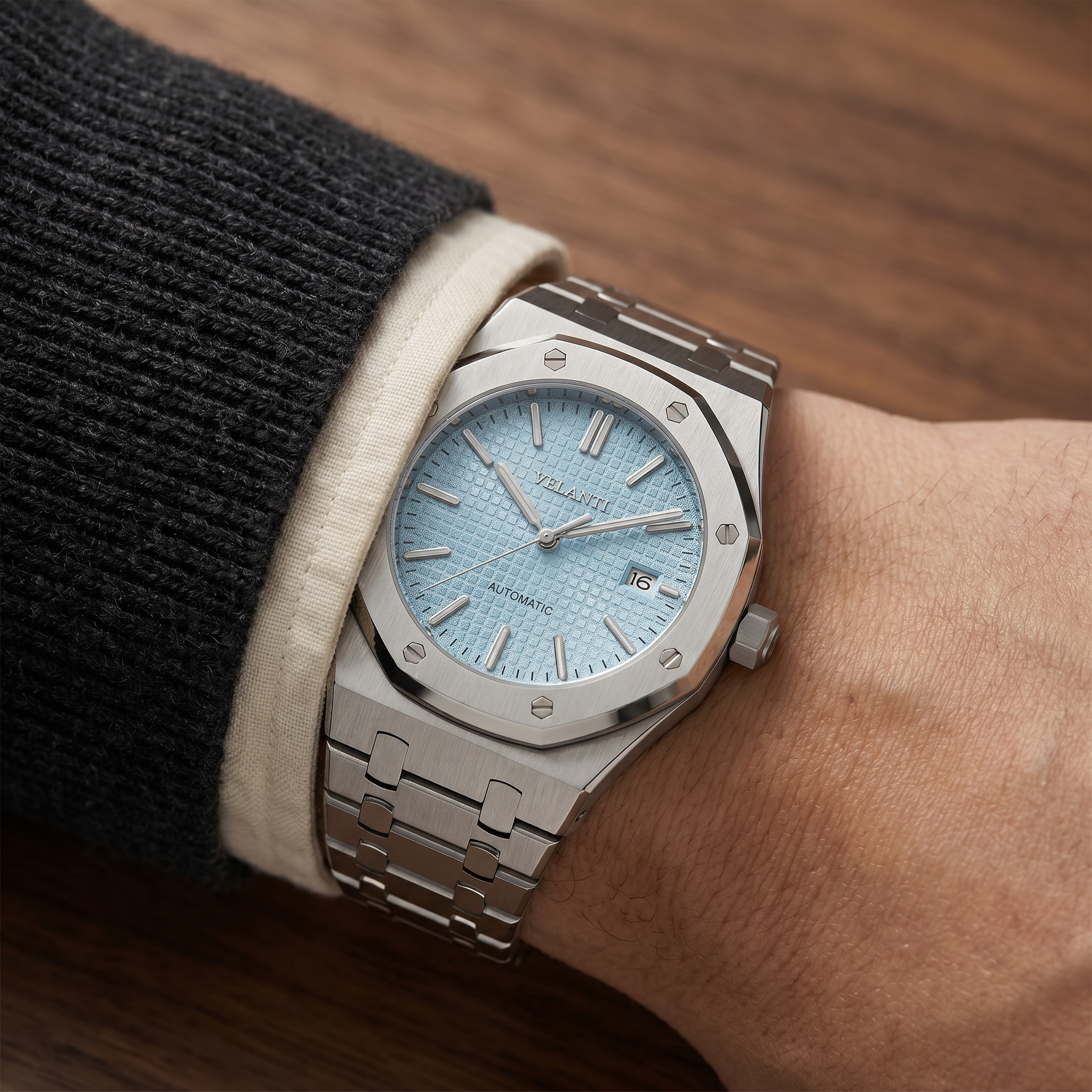 Royal Oak-style automatic watch, Velanti Milano Royal Veloak Ice Blue, product photo 3