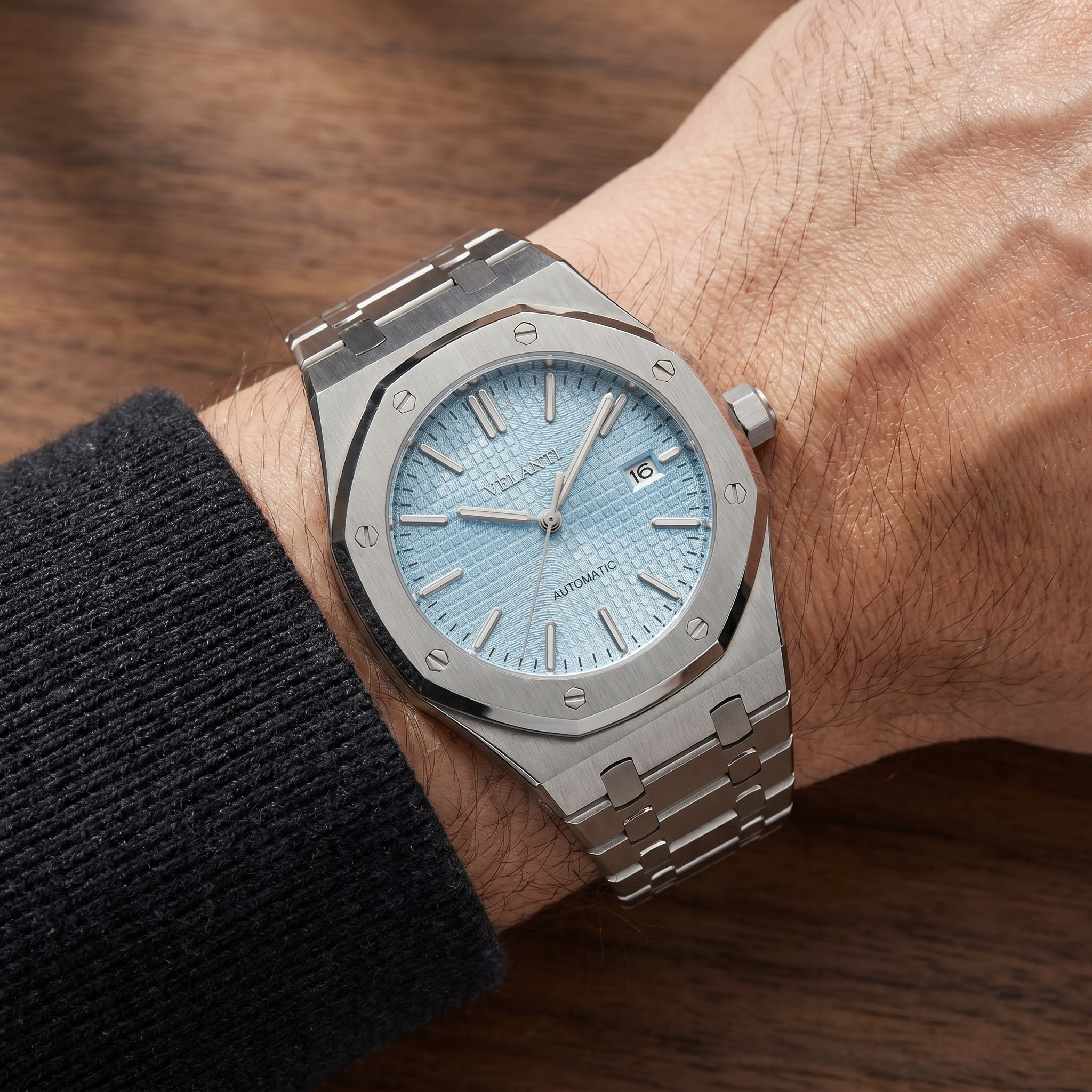 Royal Oak-style automatic watch, Velanti Milano Royal Veloak Ice Blue worn on wrist photo 4