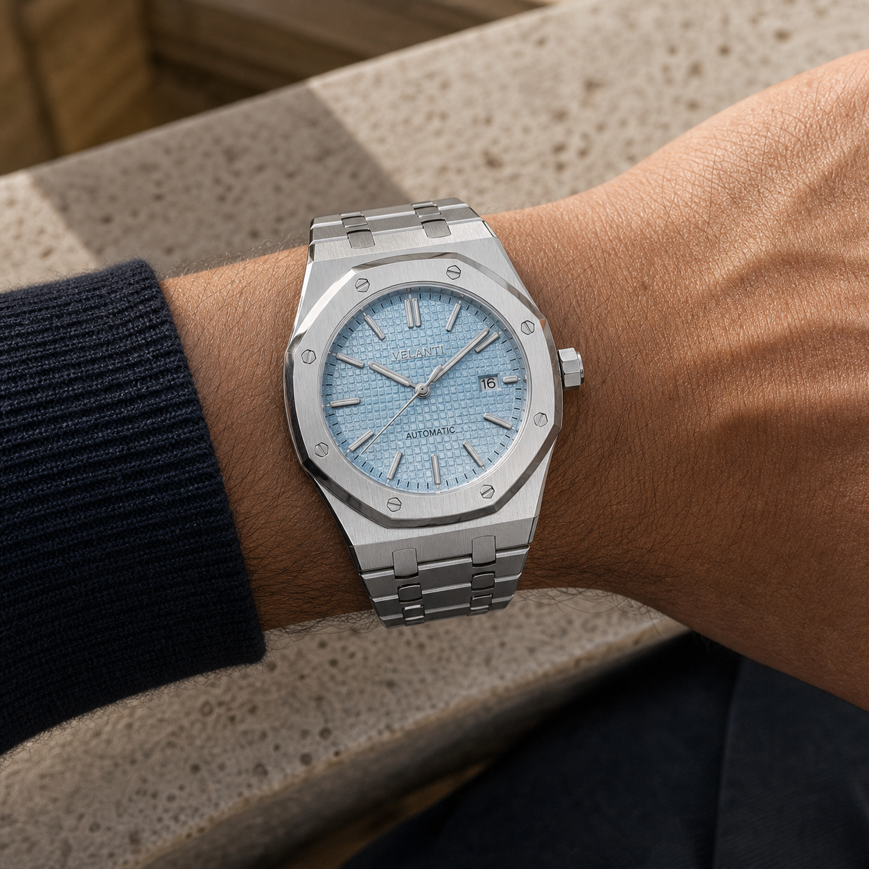 Royal Oak-style automatic watch, Velanti Milano Royal Veloak Ice Blue worn on wrist photo 7