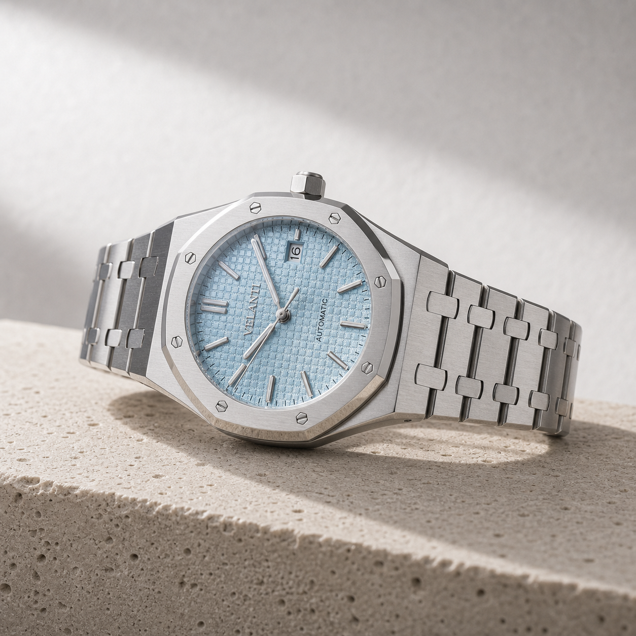 Royal Oak-style automatic watch, Velanti Milano Royal Veloak Ice Blue, angled product photo