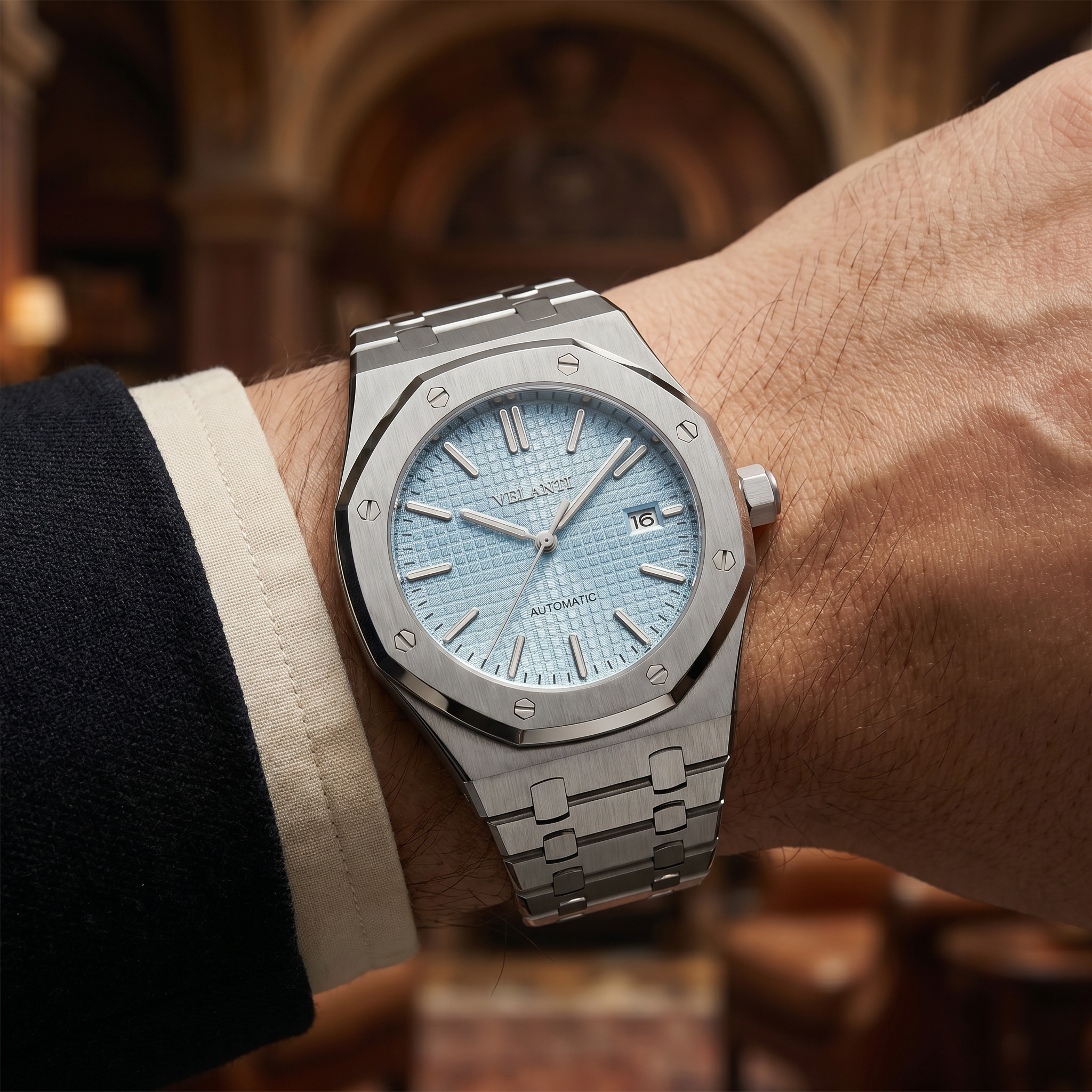Royal Oak-style automatic watch, Velanti Milano Royal Veloak Ice Blue, product photo 6
