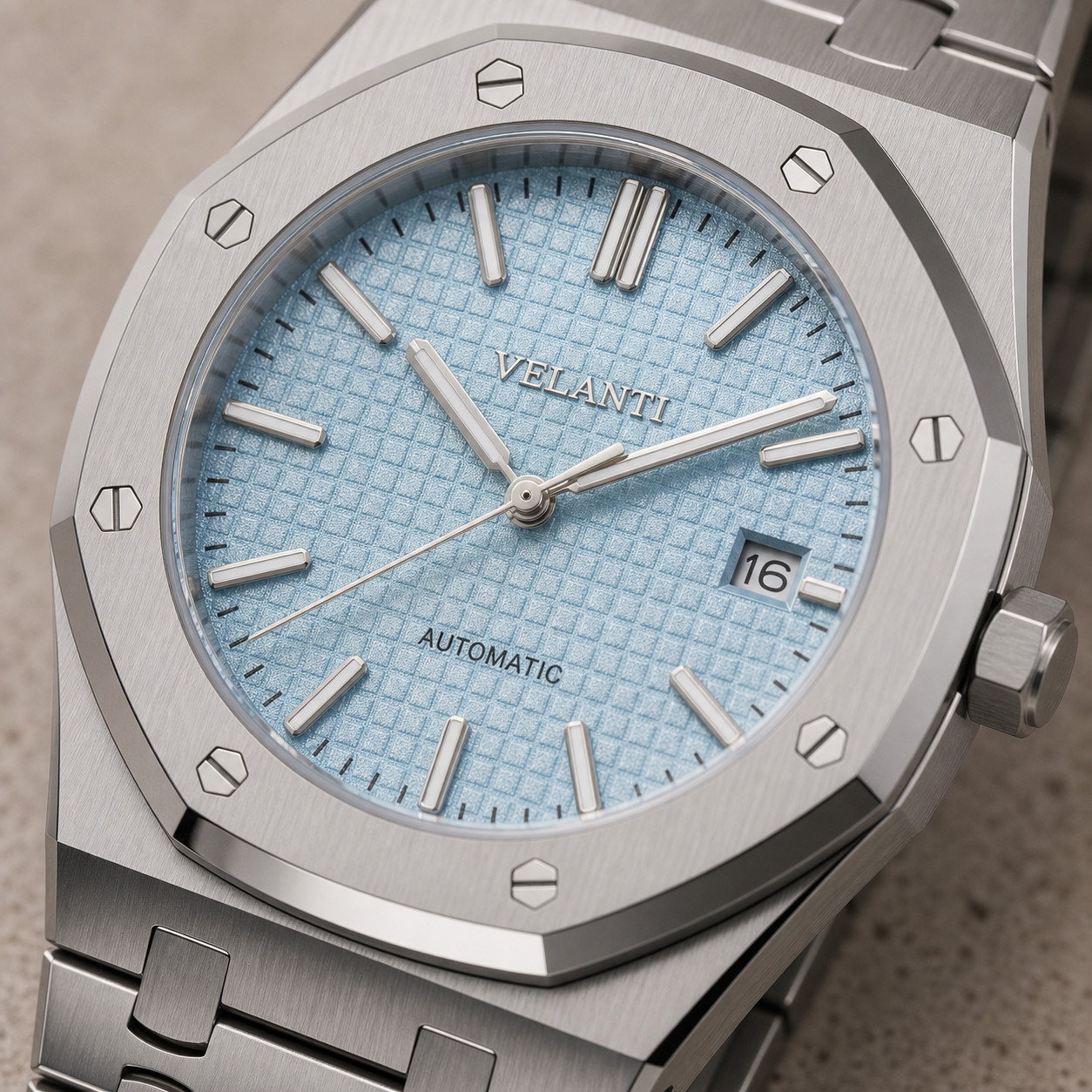Royal Oak-style automatic watch, Velanti Milano Royal Veloak Ice Blue, dial close-up