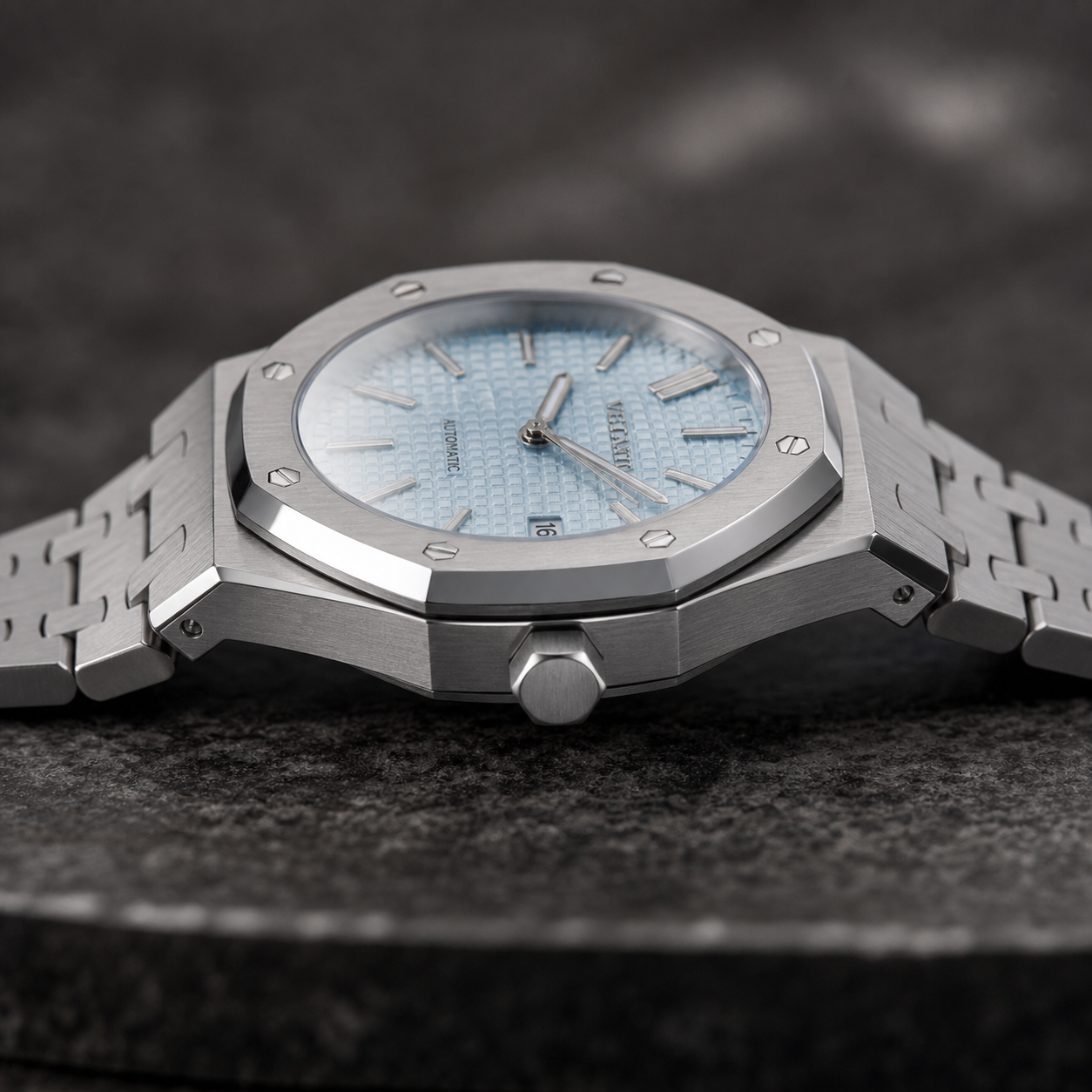 Royal Oak-style automatic watch, Velanti Milano Royal Veloak Ice Blue, side profile photo