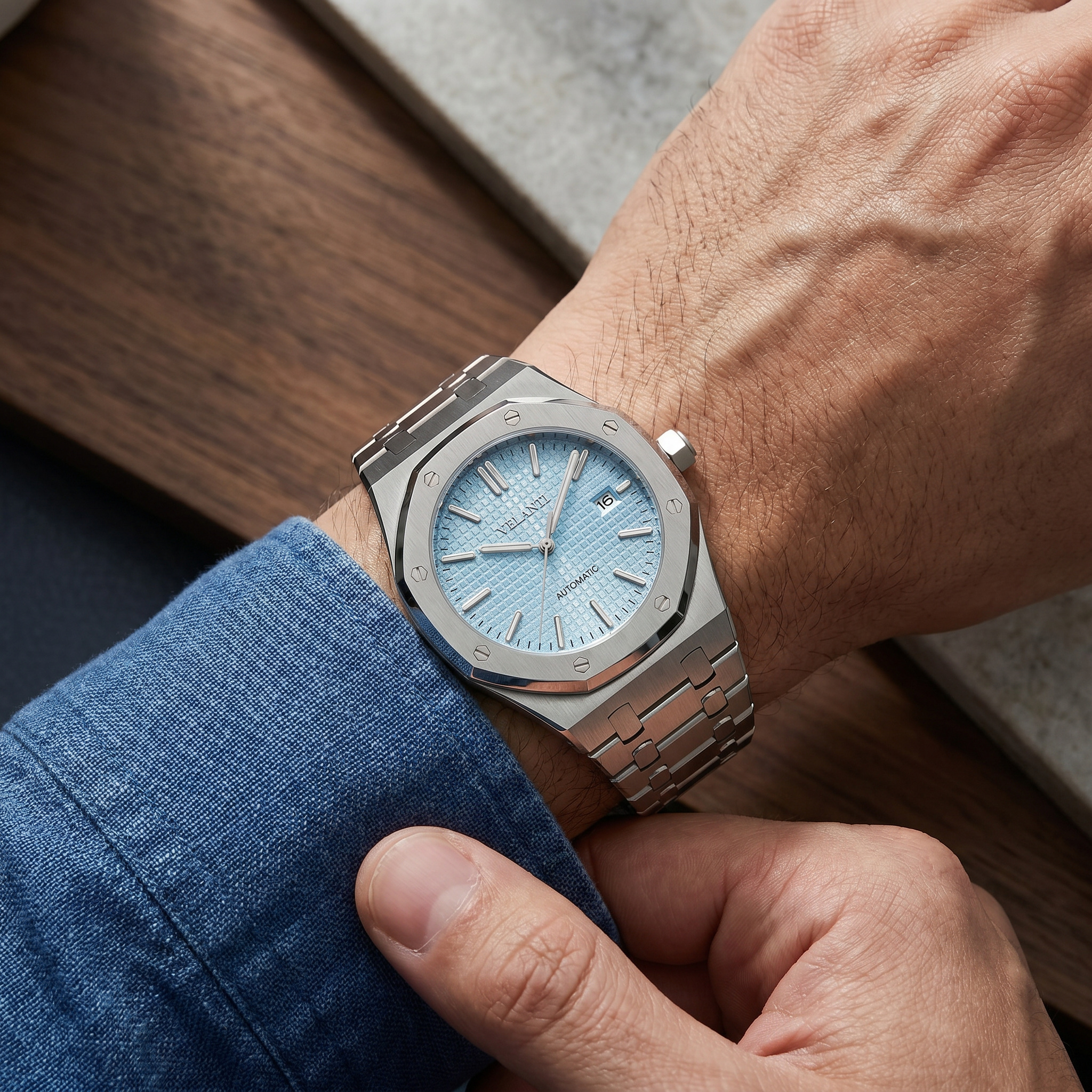 Royal Oak-style automatic watch, Velanti Milano Royal Veloak Ice Blue worn on wrist photo 8