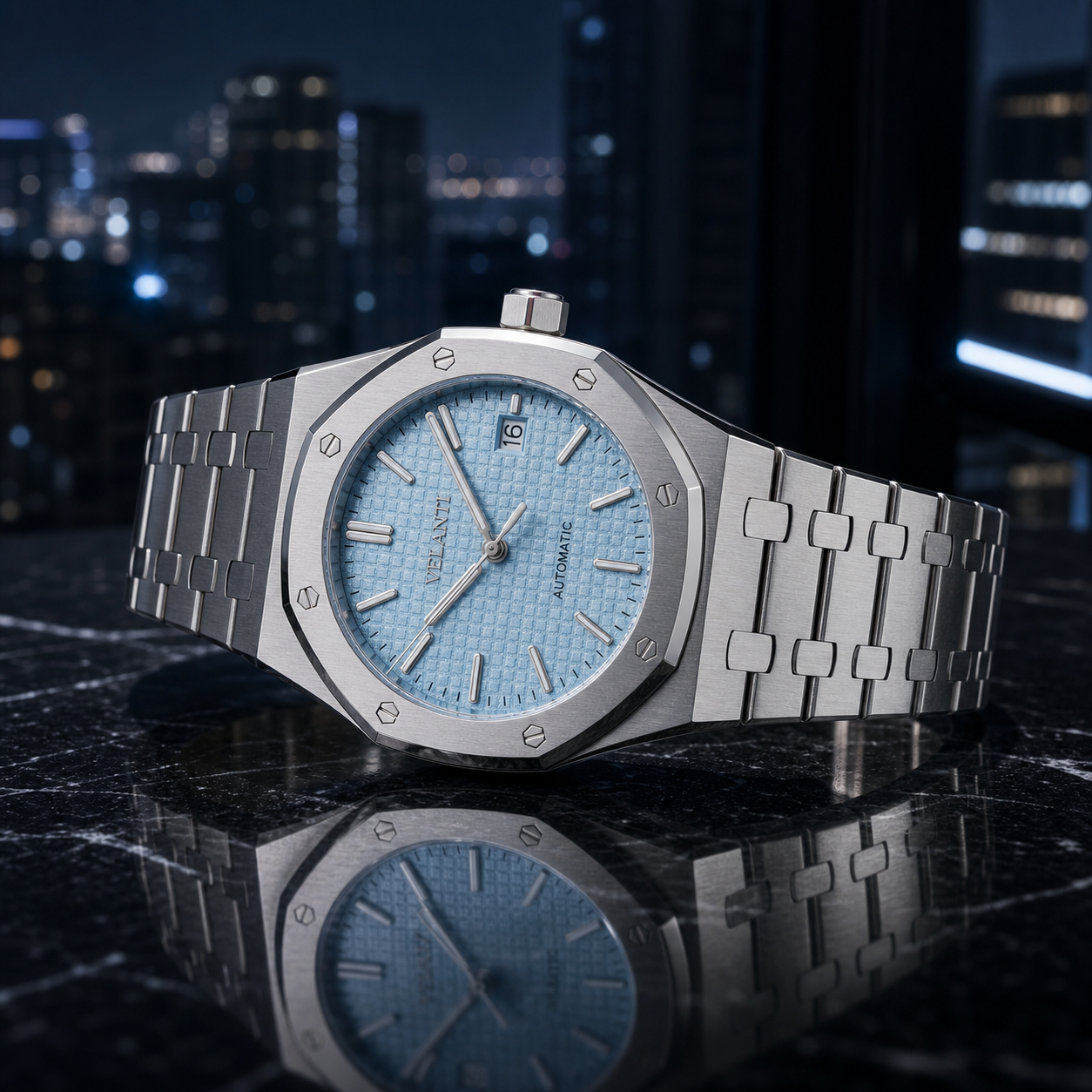 Royal Oak-style automatic watch, Velanti Milano Royal Veloak Ice Blue, product photo 10