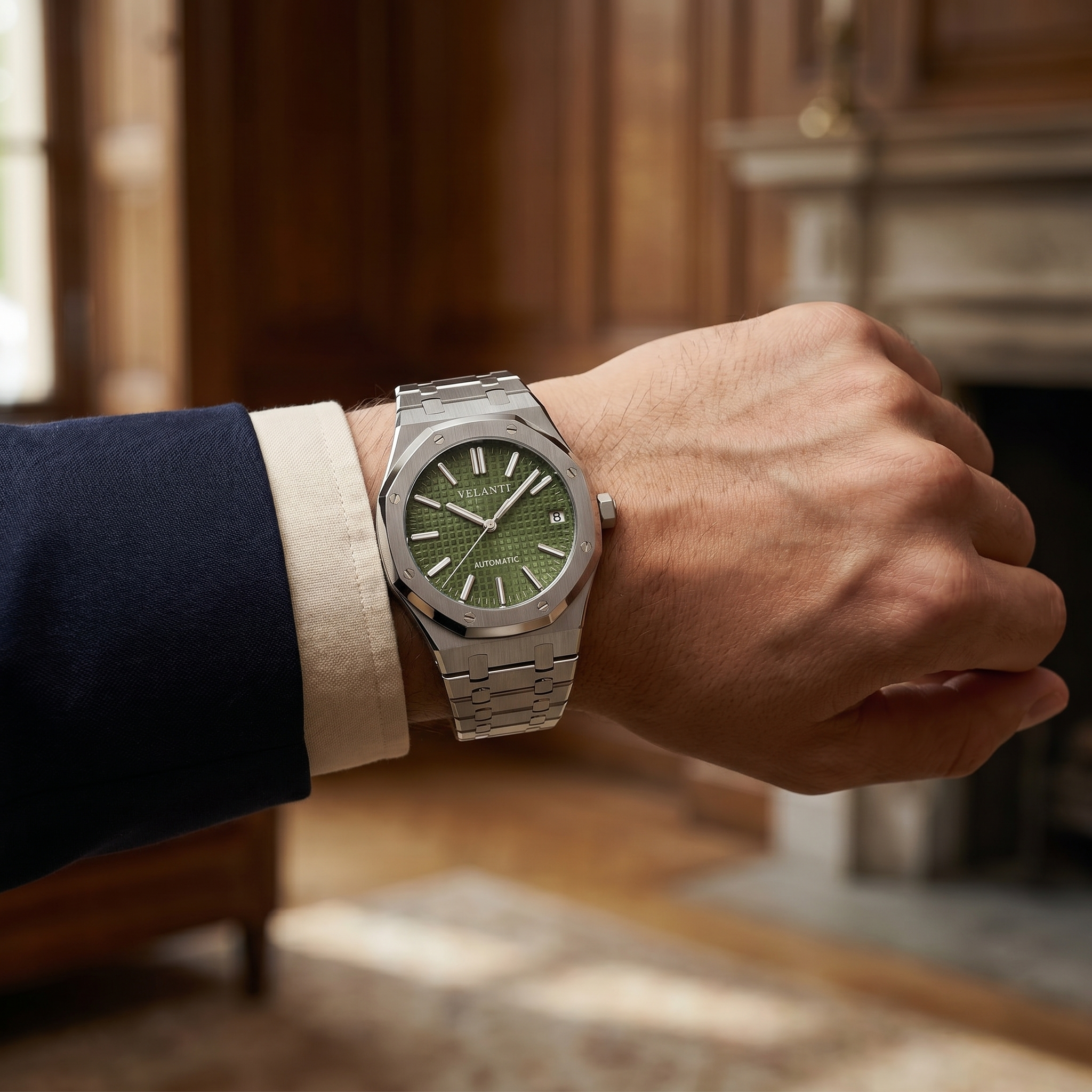 Royal Oak-style automatic watch, Velanti Milano Royal Veloak Olive Green, product photo 2